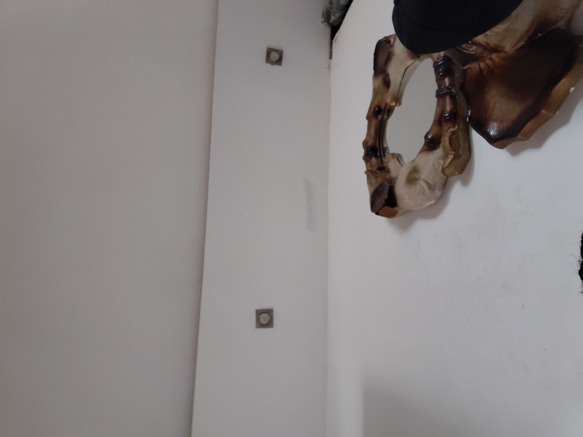 The image captures an interior corner of a room with plain white walls, likely located in Santa Ana, Venezuela. On the right side of the frame, a distinct decorative object is mounted on the wall. This item appears to be a mirror or a wall sculpture, characterized by an intricate, organic design that resembles polished wood, bone, or a skeletal structure, featuring shades of beige and dark brown, with some areas exhibiting a glossy finish. A reflective surface, likely a mirror, is integrated into its center. A piece of black material, possibly fabric or part of another object, is draped over the top section of this decorative item. On the adjacent wall, to the left of the frame, two square-shaped fixtures are visible, mounted one above the other. These fixtures appear to be electrical outlets or blanking plates, each featuring a circular indentation in the center. The room is evenly lit, suggesting an indoor setting, but there are no cues to determine the specific time of day or outdoor weather conditions. No people or activities are depicted, and no visible text is present in the image.