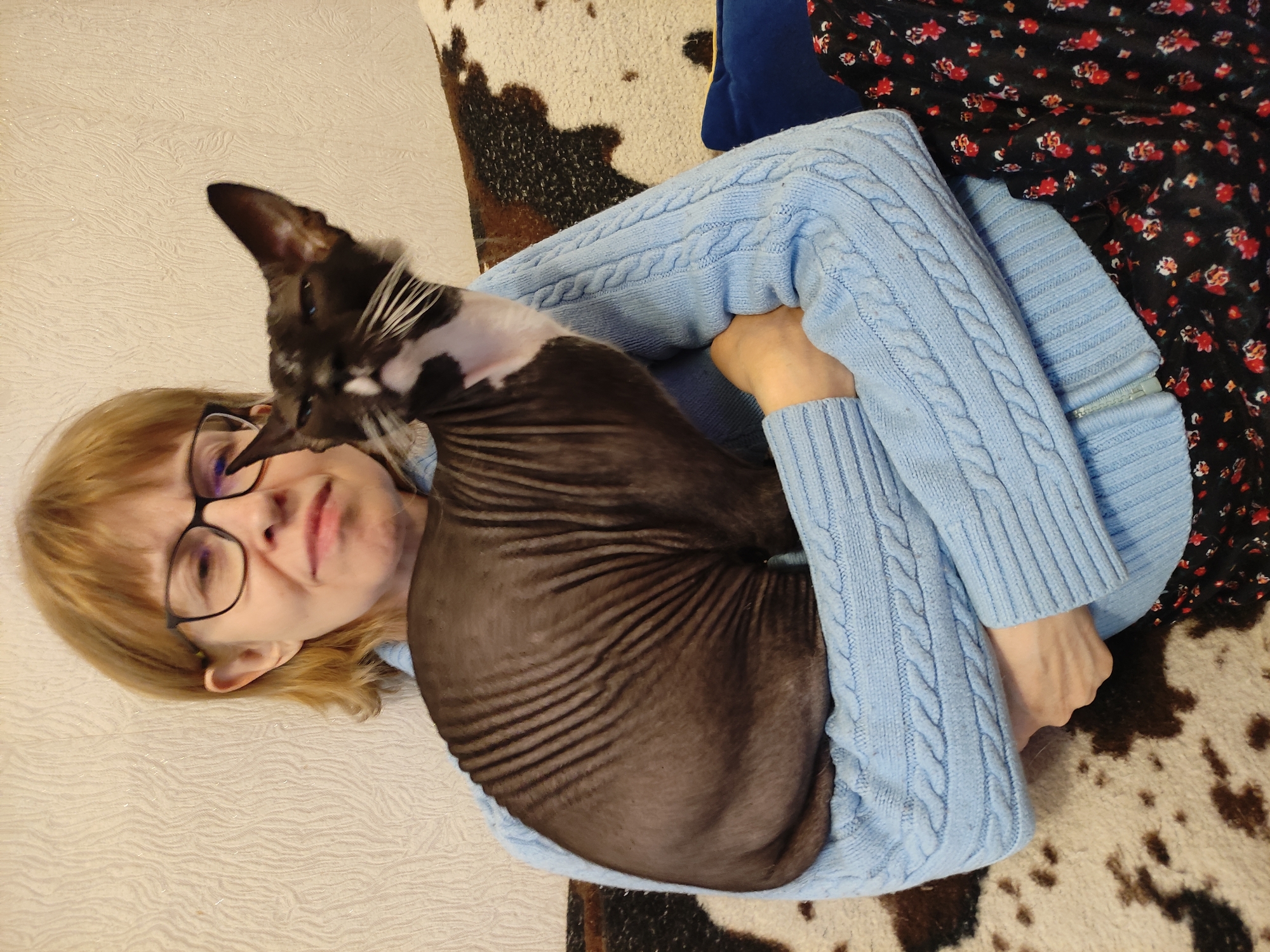 A woman with light brown hair, wearing glasses and a light blue cable-knit sweater, lies on a surface that appears to be a bed or couch with a patterned cover. She is holding a black and white Sphynx cat. The scene appears to be indoors, likely a private residence. There is no information in the image to confirm the location in Pavlodar, Kazakhstan.