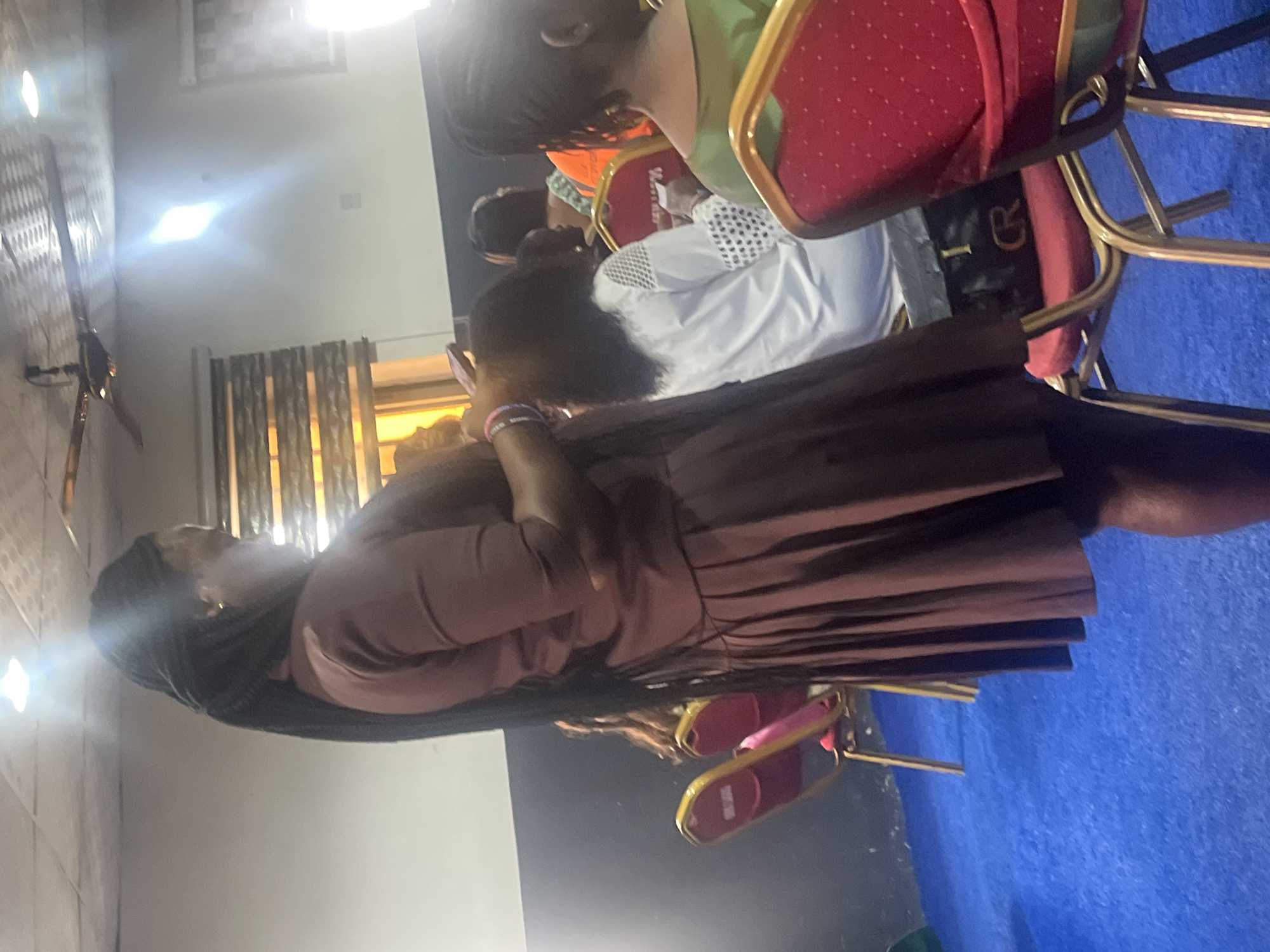 The image shows an interior scene in Ado, Nigeria. Several people are seated on red and gold chairs, possibly in a conference room or event hall. The person in the foreground is wearing a brown dress and has long braids. Other individuals are partially visible, including someone in a white shirt with black polka dots, and a person with an orange shirt. The floor appears to be blue. A window with blinds is also visible. The lighting in the room appears bright.