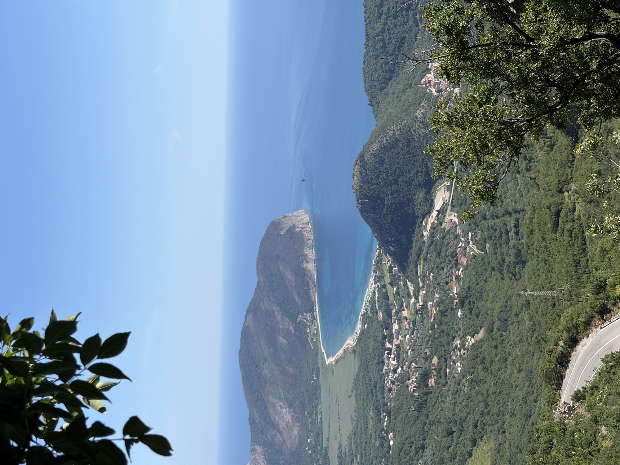 This is a high-angle, long shot of a coastal landscape in Novoselje, Montenegro. The scene is dominated by a sweeping view of the Adriatic Sea, a crescent-shaped beach with a light-colored sand, and lush, green, forested hillsides. In the mid-ground, a small town with red-tiled roofs is nestled among the trees, with a road winding through the settlement. The distant mountains are a darker green, and the sea is a deep blue under a clear, bright sky. In the foreground, the branches of a tree with green leaves frame the left side of the image, and another tree with similar foliage is visible on the right. A curved road with white lines is visible in the lower left portion of the image, with a single utility pole on the right side of the road. The overall impression is one of natural beauty and a peaceful, rural setting.