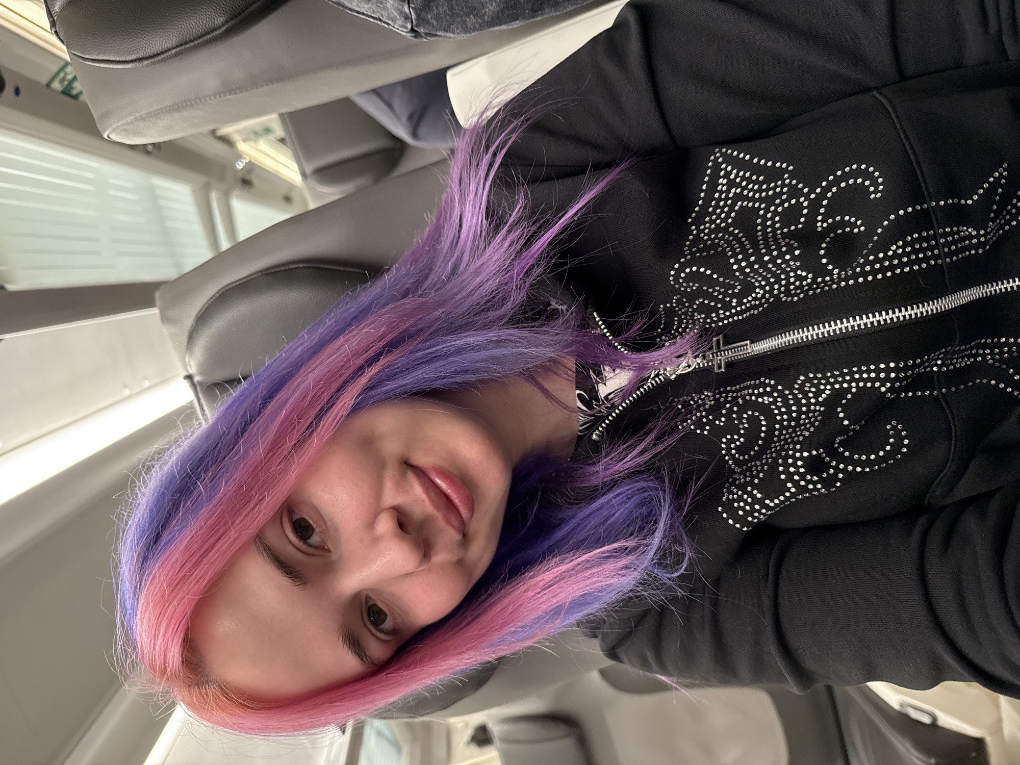 A person with pink and purple dyed hair is seated inside a train. The train appears to be a suburban or commuter type, based on the seating arrangement and interior aesthetics. The person is wearing a black hoodie with a silver studded design on the front. The background shows typical train interior elements such as seats, windows, and overhead storage compartments. The location is difficult to ascertain specifically within Madrid, Spain without additional visual cues or information.