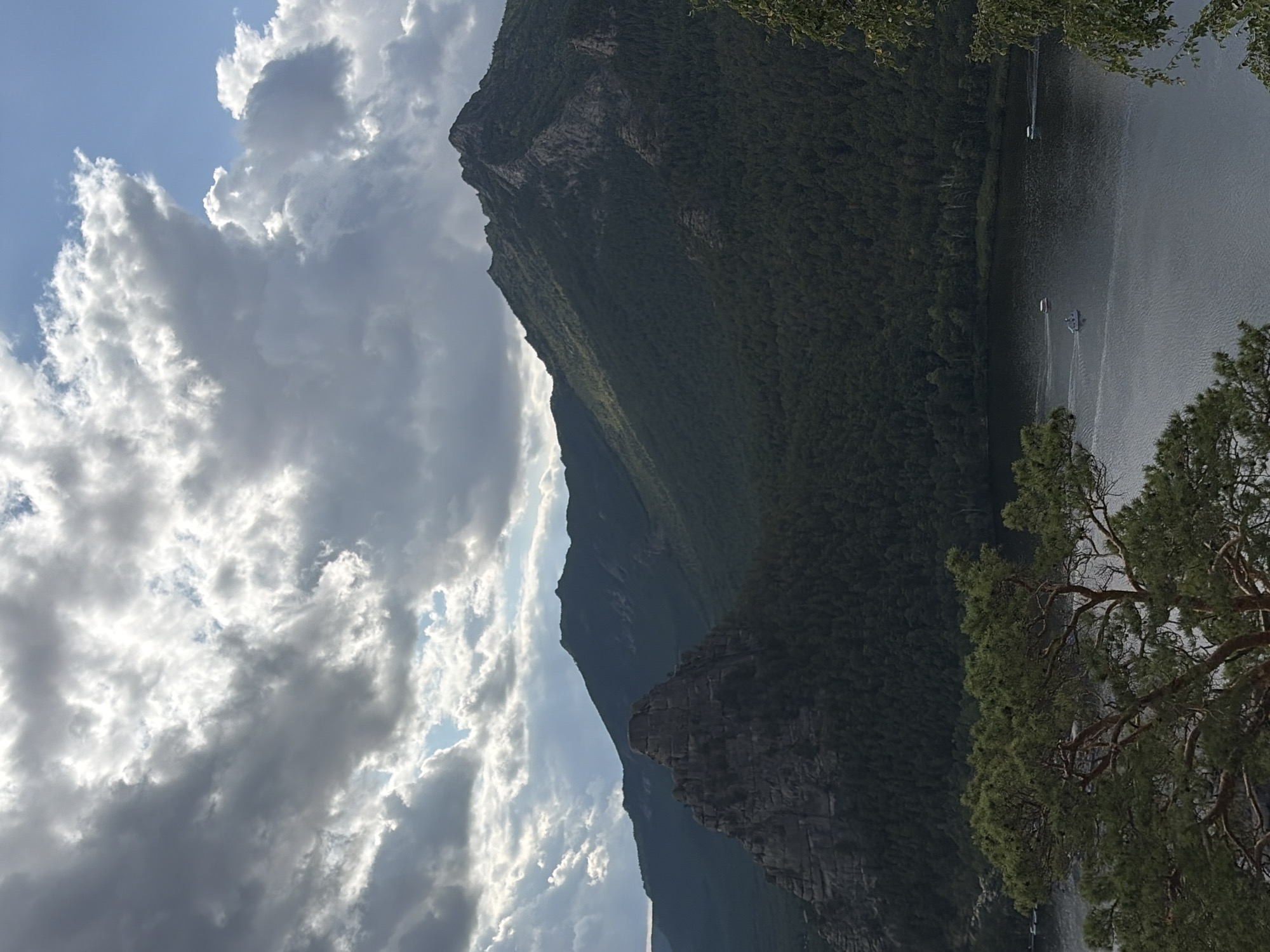 The image depicts a scenic landscape with dramatic clouds in the sky, a body of water, and forested mountains. In the foreground, the branches of a pine tree are visible, partially obscuring the view. The middle ground features a large lake, with several small boats sailing on its surface. The background is dominated by a range of dark green, densely forested mountains. One prominent, jagged rock formation rises from the middle of the mountainous terrain. The scene appears to be set in a natural, undeveloped area, consistent with the location of Зелёный Бор ауылдық округі, Kazakhstan.