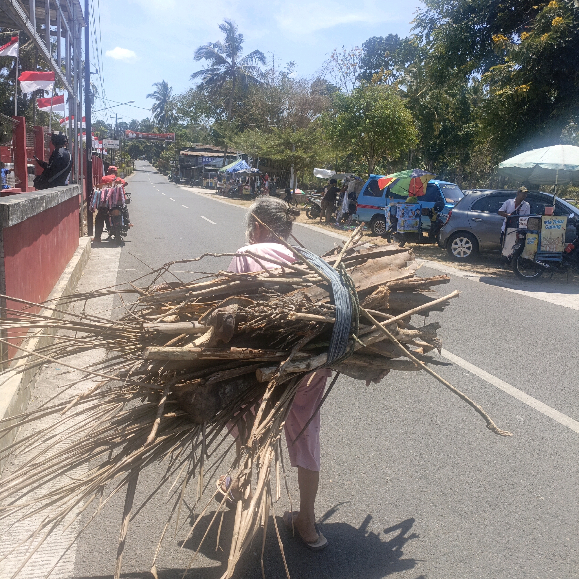 In the city of Krajan Lor, Indonesia, a woman with gray hair tied in a bun walks along a paved road, carrying a large bundle of dry branches and palm fronds on her back. She is wearing a pink t-shirt and pink shorts, and flip-flops. The bundle is secured with a blue rope. To her left, a red wall runs along the side of the road, with flags of Indonesia hanging from poles. Further down the road, several stalls and vehicles are visible, including a blue van and a gray car. The environment is sunny with palm trees and other vegetation visible in the background.