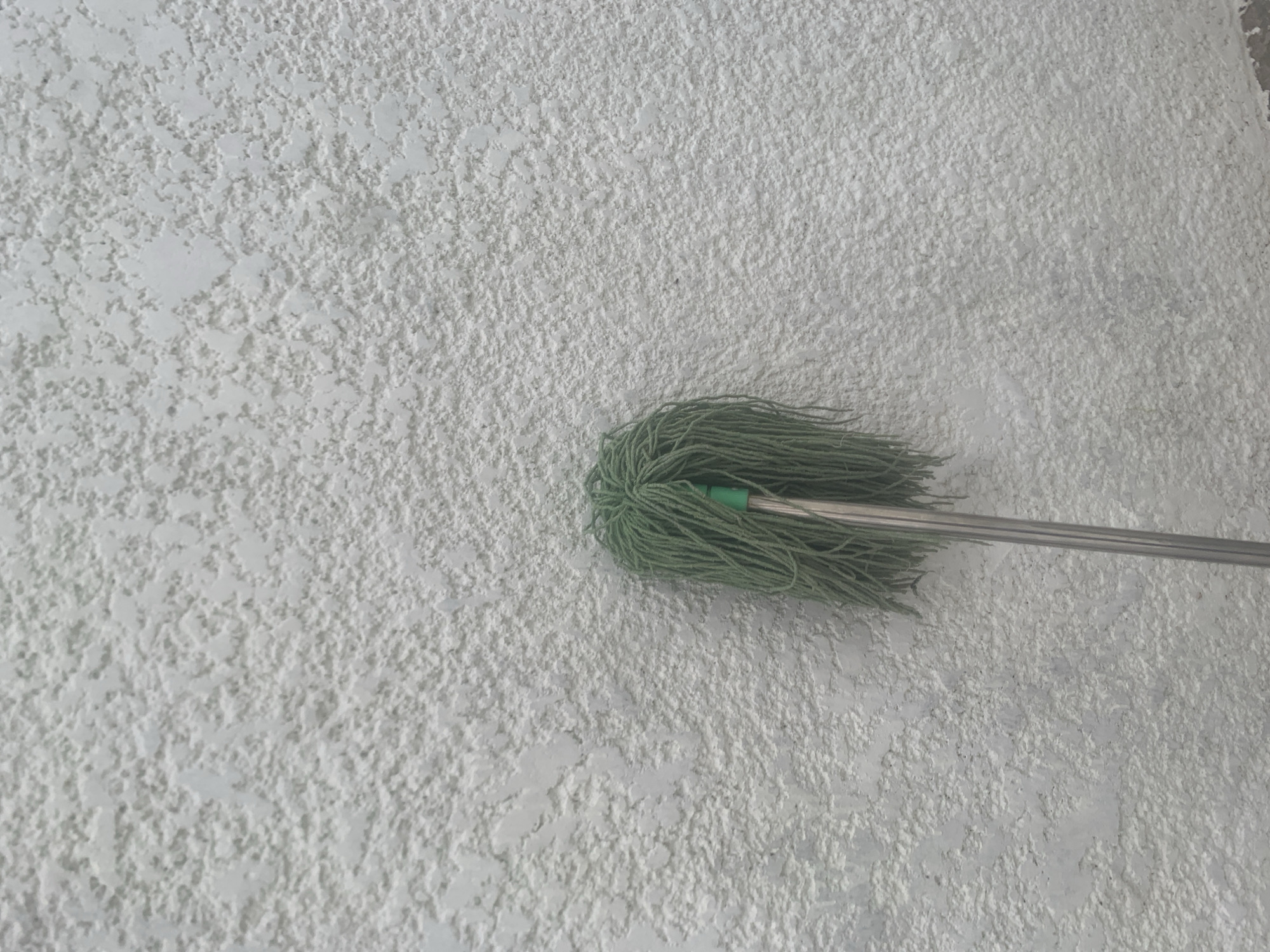 The image shows a close-up view of a green mop with a metal handle leaning against a textured white wall. The mop head is made of numerous thin, green strands. The wall has a rough, stippled finish, with variations in light and shadow across its surface. The image does not provide any information about the location in Jalingo, Nigeria, or any people or actions.