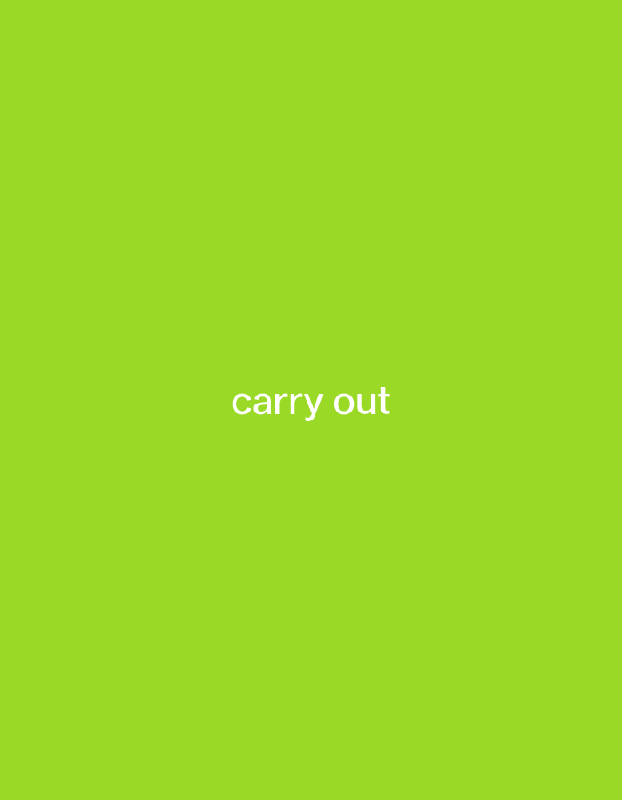 A short, white, sans-serif text that reads "carry out" is centered on a lime green background. The text is slightly angled upwards, and the "c" in "carry" is capitalized. The background is a solid, bright lime green color.