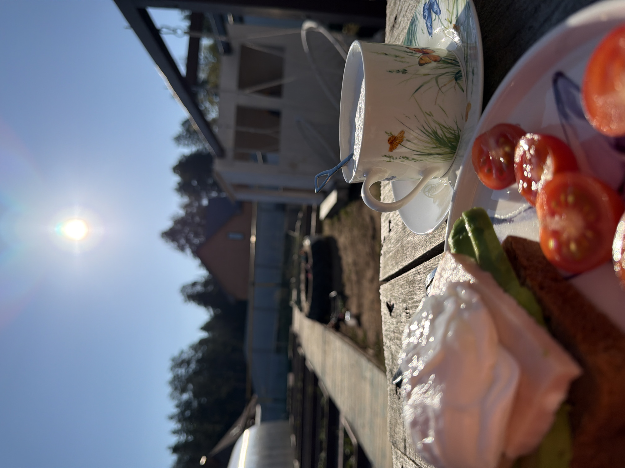 A breakfast scene is captured on a wooden surface under a bright, sunny sky. A porcelain teacup with floral designs sits on a saucer, containing a white substance. Beside the teacup, a plate is adorned with slices of avocado, tomato, brown bread, and what appears to be a poached egg. The background reveals a residential area with houses and trees, while the sun shines intensely in the upper left corner. The location is Chaikovsky, Russia.