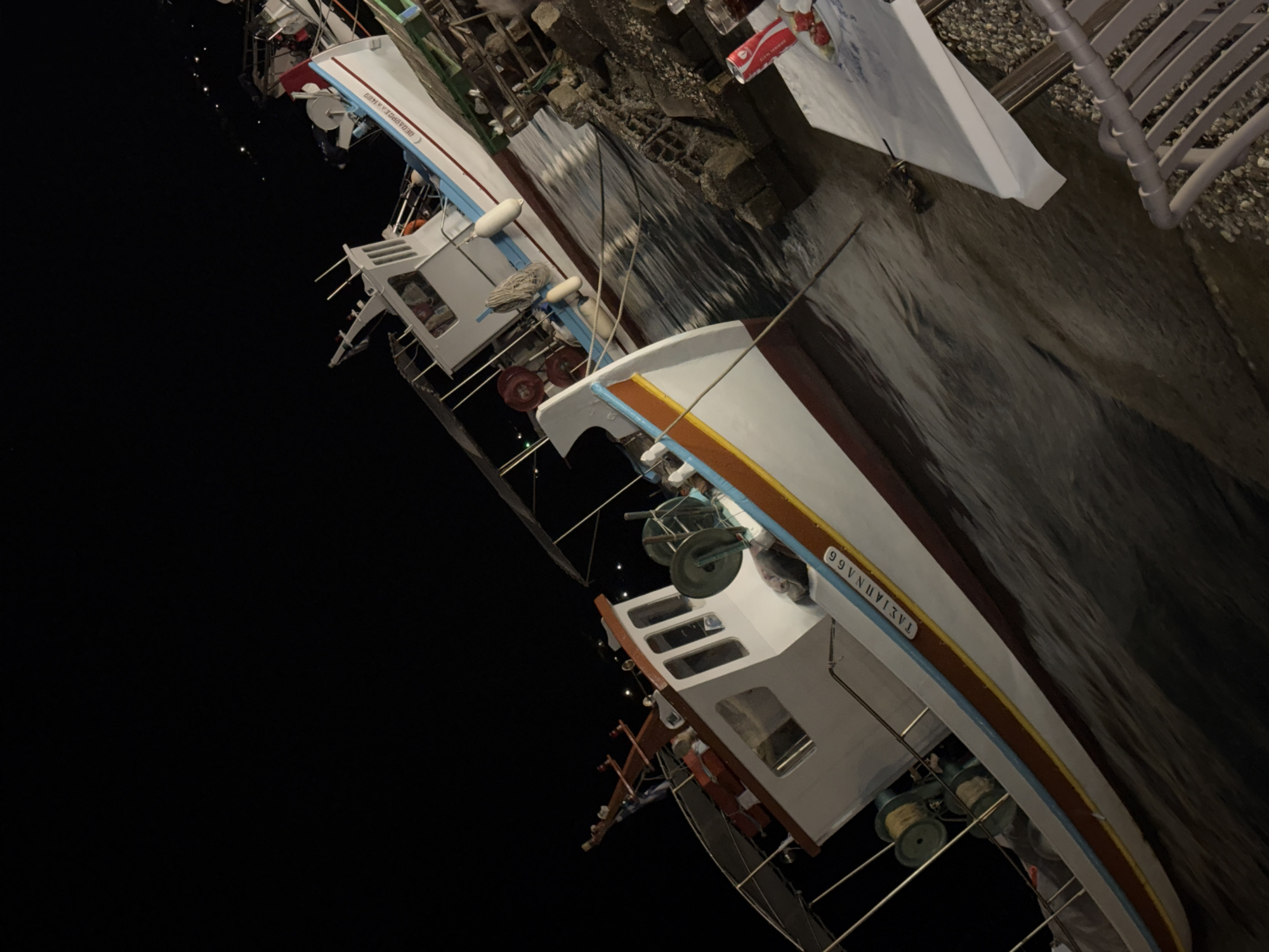 The image shows two docked fishing boats at night in the Municipal Unit of Alyzia, Greece. The boats are white with blue and orange trim. The boat in the foreground has the name "TAΣΙΑΠΝΛ66" written on its side. The boat in the background has the name "ΘΕΟΔΩΡΟΥΔΡ" written on its side. Both boats appear to be equipped with fishing gear, including winches and ropes. The boats are moored at a rocky quay, with a table and chairs set up in the foreground, suggesting a dining area. The water is dark and reflects the lights from the boats and the surrounding area. The sky is black, indicating it is nighttime.