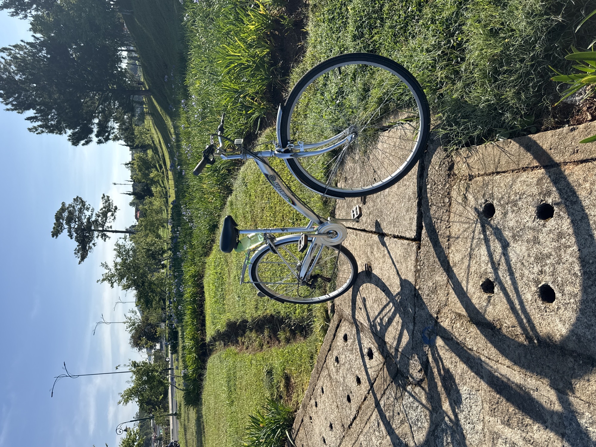 A silver bicycle is centrally positioned, leaning on a concrete path or barrier. The bicycle features a silver frame, black tires, silver spokes, chrome fenders, a black seat, and a light green water bottle in its holder. The brand "Miyata" is visible on the bicycle's frame.
The bicycle casts long, distinct shadows across the textured concrete surface, which has several circular holes, suggesting strong, low-angle sunlight. To the left of the concrete, a vibrant green grassy slope stretches into the background, adorned with various trees, including tall pines and other foliage, and hints of small purple flowers. Beyond the immediate foreground, a landscape of more trees, streetlights, and what appears to be a road or path unfolds under a clear, bright blue sky with a few faint clouds.
The scene depicts a serene outdoor setting, likely a park or a scenic roadside area in Da Lat, Vietnam, during either early morning or late afternoon, given the length and direction of the shadows. The weather is sunny and clear, evoking a sense of calm and leisure.