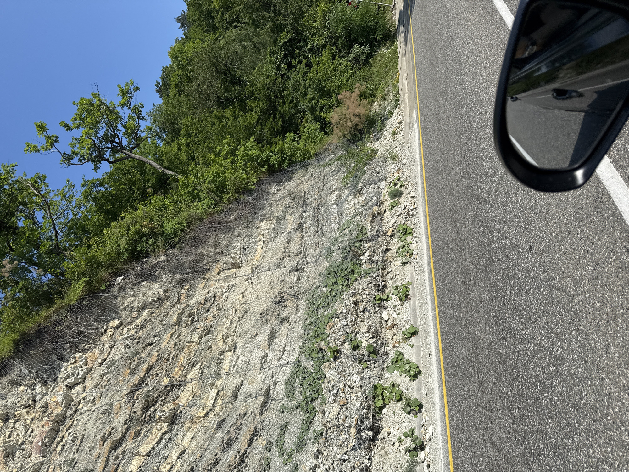 A driver's side rearview mirror reflects a black car driving on an asphalt road. The road has a yellow line down the center and white lines on the right. A rocky cliff face, reinforced with a wire mesh, rises on the left side of the road. Green vegetation, including bushes and trees, grows on top of the cliff and on its lower slopes. The sky is clear and blue. The scene appears to be in a natural, possibly mountainous, environment.