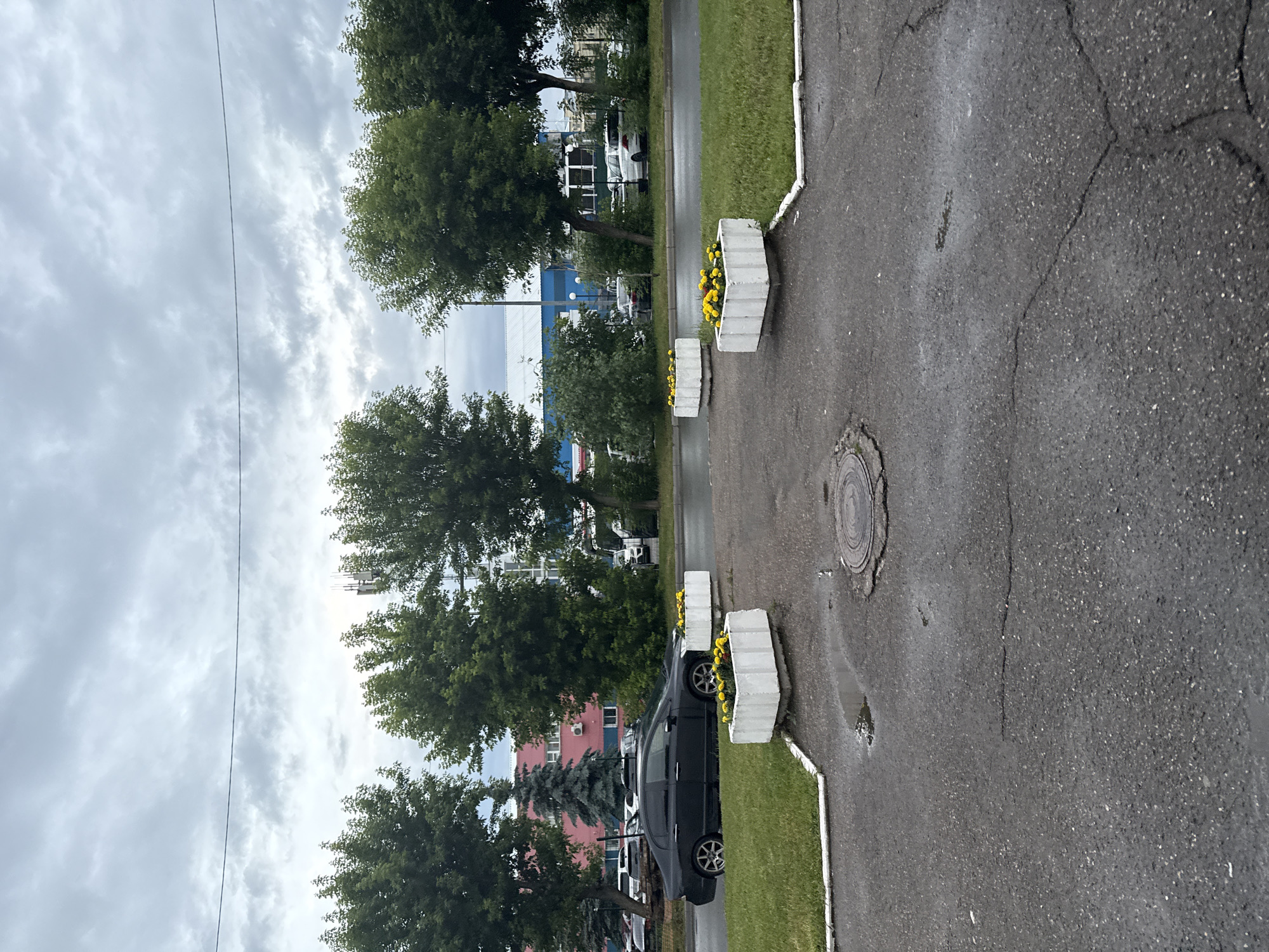 The image displays an outdoor scene in Kazan, Russia, under a cloudy sky, suggesting it's likely daytime. A paved asphalt surface, showing signs of wear and cracks, occupies the foreground and right side of the frame. A circular metal manhole cover is embedded in the asphalt. To the left of the asphalt, a strip of green grass is visible, bordered by white concrete. Two large, rectangular white planters filled with bright yellow flowers are placed along the edge of the grass.
A dark-colored car is parked on the grass, next to one of the planters. In the background, a row of trees with lush green foliage lines the scene. Behind the trees, a building with a pink facade and white-framed windows is visible, alongside other structures, including what appears to be a blue building with a white roof. In the distance, several other vehicles and part of what looks like a building complex can be seen. A power line stretches across the sky from the left to the right of the image, intersecting with the tops of the trees. The overall impression is that of an urban or suburban environment on an overcast day, possibly after rain given the wet appearance of the asphalt. No people are visible in the image.