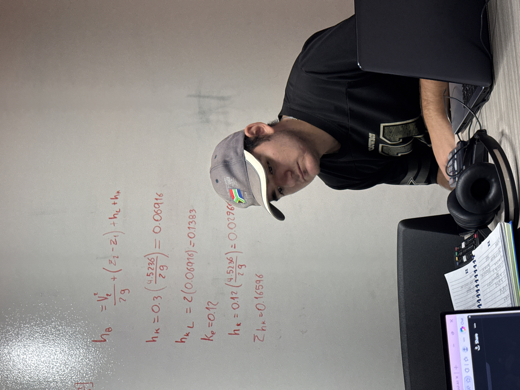 A person wearing a black shirt and a gray baseball cap with the flag of South Africa is sitting in front of a desk. On the desk are a laptop, a notebook, headphones, and a monitor. On the wall behind the person are hand-written engineering equations. It is not possible to determine the location in the city of San Andrés Cholula, Mexico.