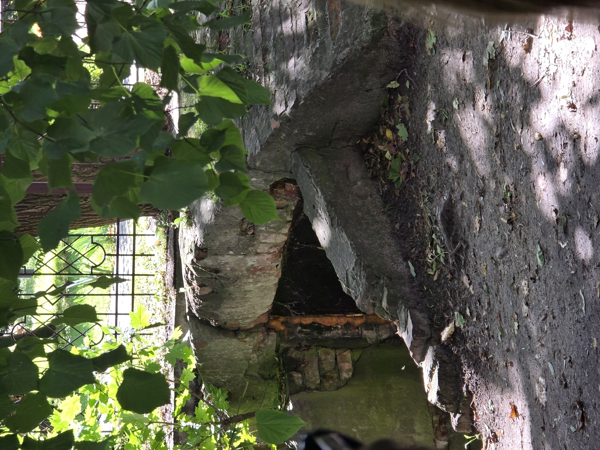 An outdoor, eye-level, medium shot shows a dilapidated concrete structure partially overgrown with green foliage. The structure appears to be a partially collapsed entrance to an underground passage. The opening is dark and appears to be lined with bricks, some of which have fallen away. The concrete is cracked and weathered, with patches of moss and dirt. The ground in front of the structure is covered with dirt, leaves, and small rocks. Sunlight filters through the trees above, casting dappled shadows on the ground and the structure. In the background, a metal fence can be seen, with greenery and trees visible beyond it. The scene is located in Zelenogradsk, Russia.