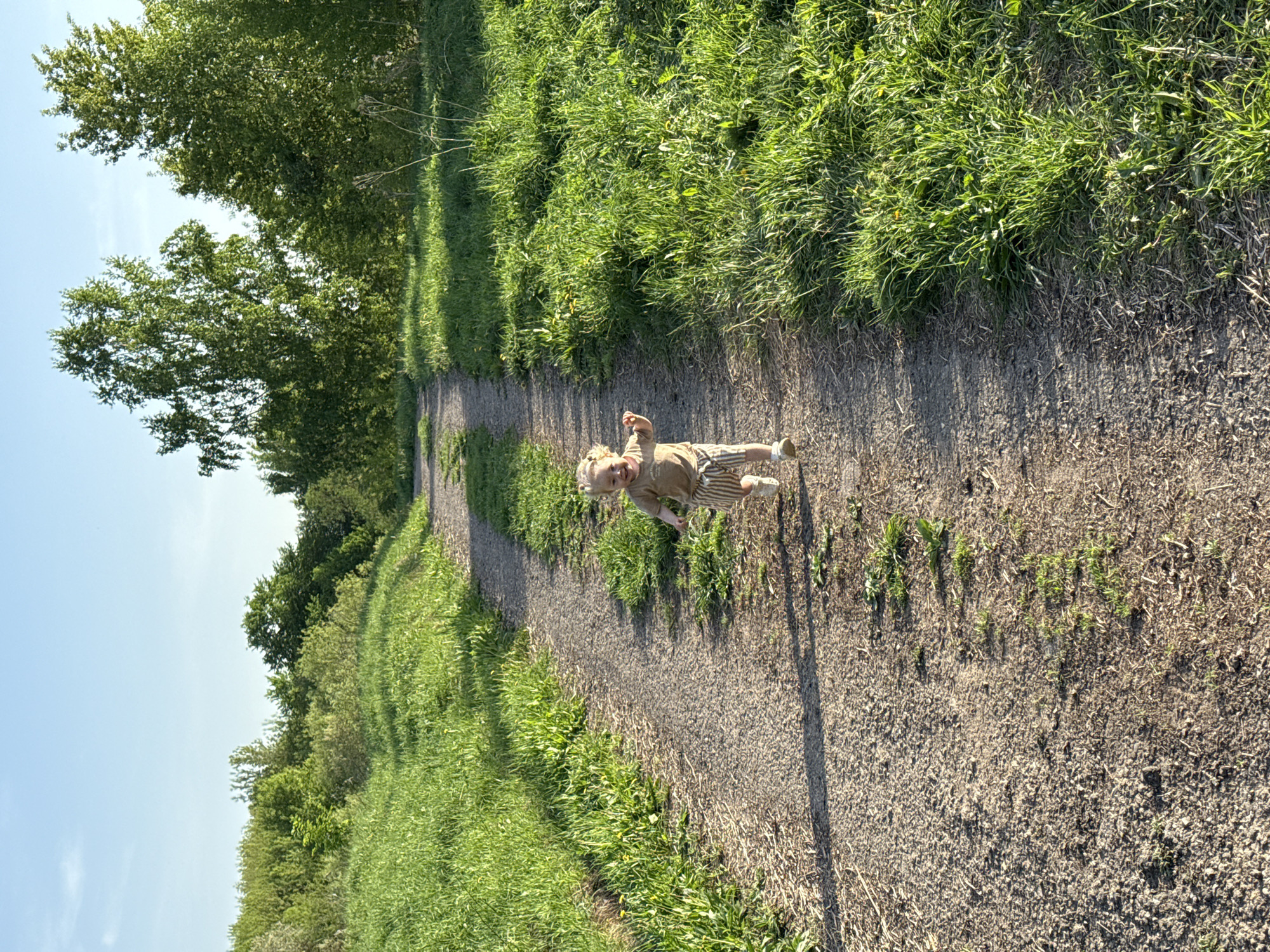 A young child is walking on a gravel path in a grassy, wooded area on a sunny day. The trees and foliage suggest a park or natural setting. The child is wearing clothing with beige and tan striped pants, and a tan top. The child is angled toward the camera. The location information (Vladimir, Russia) is not discernible from the image itself.