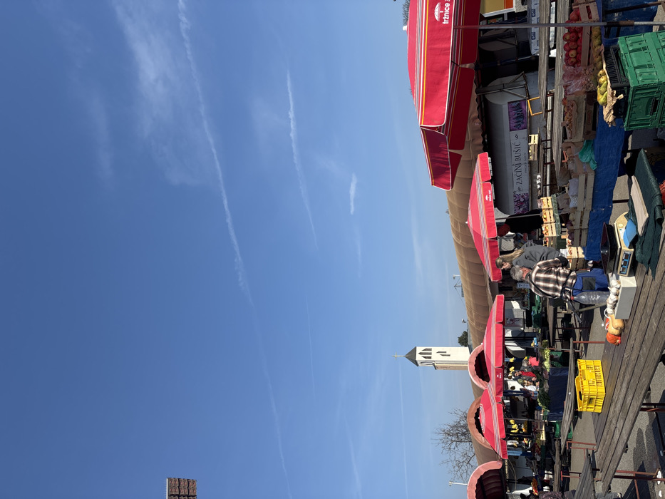 This image depicts an active outdoor market scene at Trešnjevački plac (Trešnjevka Market) in the City of Zagreb, Croatia. The background features the white steeple of the Church of St. Leopold Mandić. The time is daytime, under a clear blue sky with faint contrails.
The foreground and midground are dominated by numerous market stalls, identified by their distinctive red and white striped umbrellas and wooden tables. These tables are laden with fresh produce, including apples, pears, bananas, garlic, onions, and various other fruits and vegetables displayed in wooden and plastic crates (yellow and green). A digital weighing scale is visible on one table.
Several individuals are present, engaging in commerce. In the midground, a man wearing a plaid shirt and a blue apron is seen bending over a stall, arranging items. Adjacent to him, a woman in a grey hoodie and another person in a dark jacket are observing the produce. Another stall sign reads "ZAČINI BUŠIĆ" (Busic Spices), and a partial sign displays "TRZNICE" (Markets). Further in the background, low-rise buildings with arched or rounded roofs are visible, along with bare-branched trees, suggesting a cooler season.