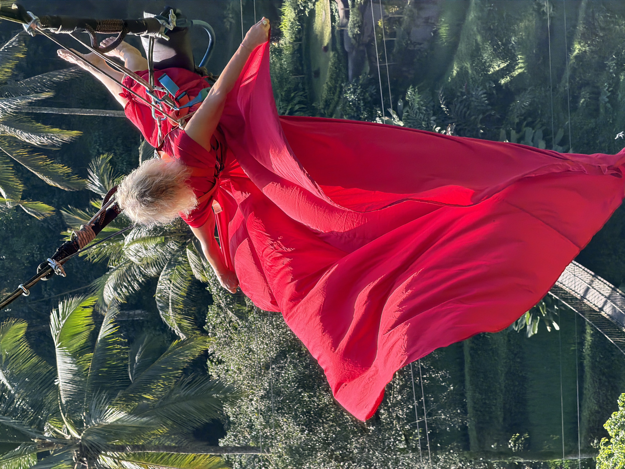 A woman with blonde hair is suspended mid-air in a large red dress, her legs extended upwards. She is secured by a harness and straps to a swing-like apparatus. The swing is attached to cables that are connected to a sturdy structure obscured from view. Palm trees and lush green vegetation, characteristic of Tegallalang, Indonesia, surround the scene. In the background, terraced rice fields and a walkway with railings are visible. The sunlight casts dappled shadows on the landscape.