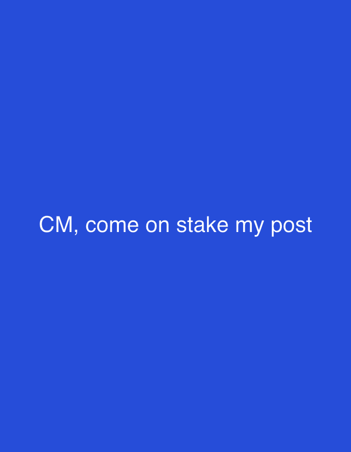 The image displays a solid royal blue background. White sans-serif text, reading "CM, come on stake my post", is centrally positioned in the lower portion of the frame. The scene is entirely digital, depicting no physical environment, individuals, or objects. This image is attributed to Navoiy City, Uzbekistan.