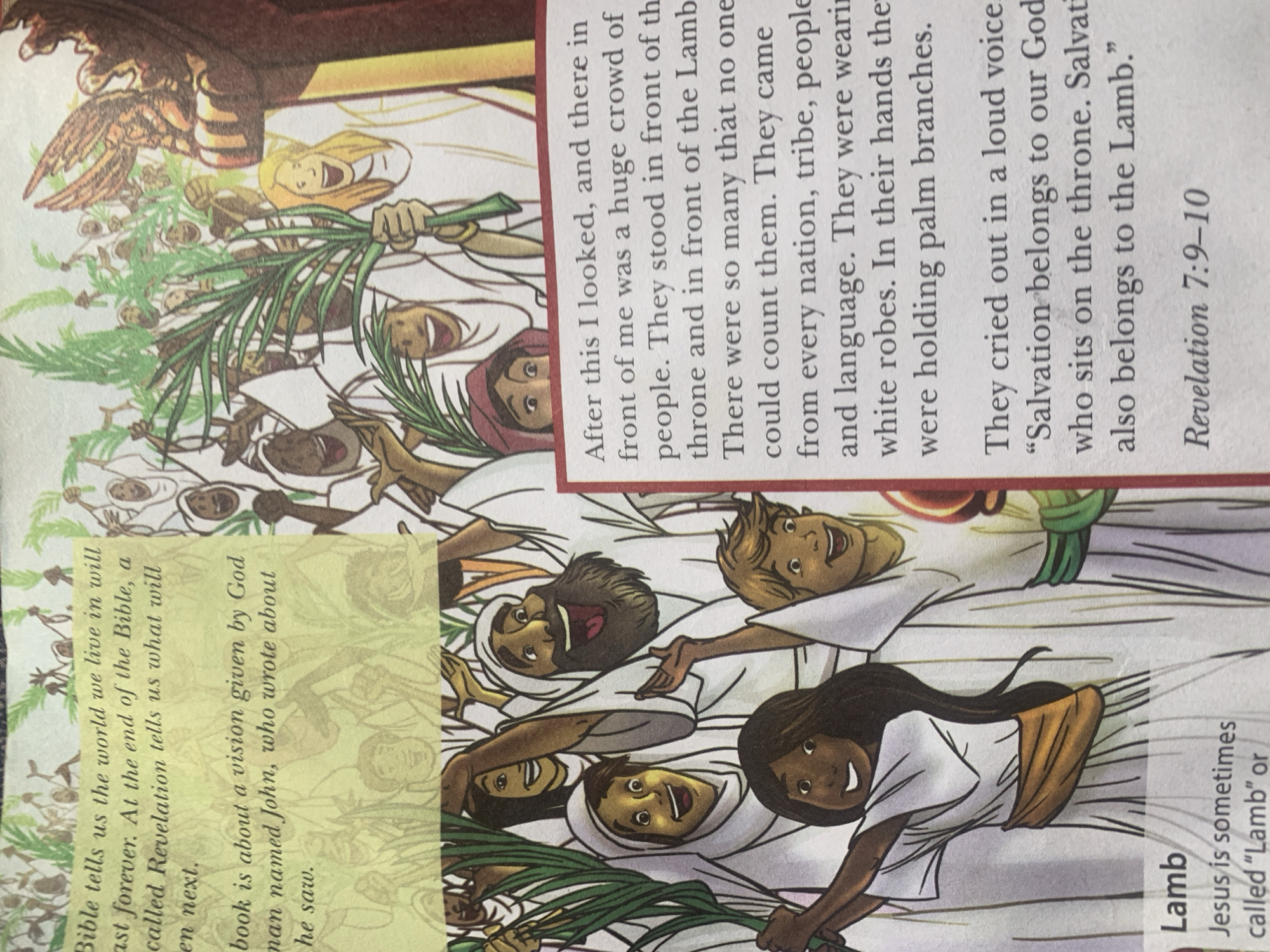 The image displays two pages of a book, likely a children's Bible or a religious text. The left page features a heading "Lamb" followed by a brief explanation of Jesus being called "Lamb". The right page contains an illustration and text from the Book of Revelation. The illustration depicts a crowd of people, diverse in appearance and holding palm branches, with expressions of joy and worship. They are dressed in white robes. Behind them, a figure with wings, possibly an angel, is visible. The text describes a vision of a huge crowd of people from all nations standing before a throne and a Lamb, wearing white robes and holding palm branches. They are crying out, "Salvation belongs to our God who sits on the throne. Salvation also belongs to the Lamb." The scripture reference "Revelation 7:9-10" is provided at the bottom. There is no information in the image that relates to the city of Jauro Yinu, Nigeria.