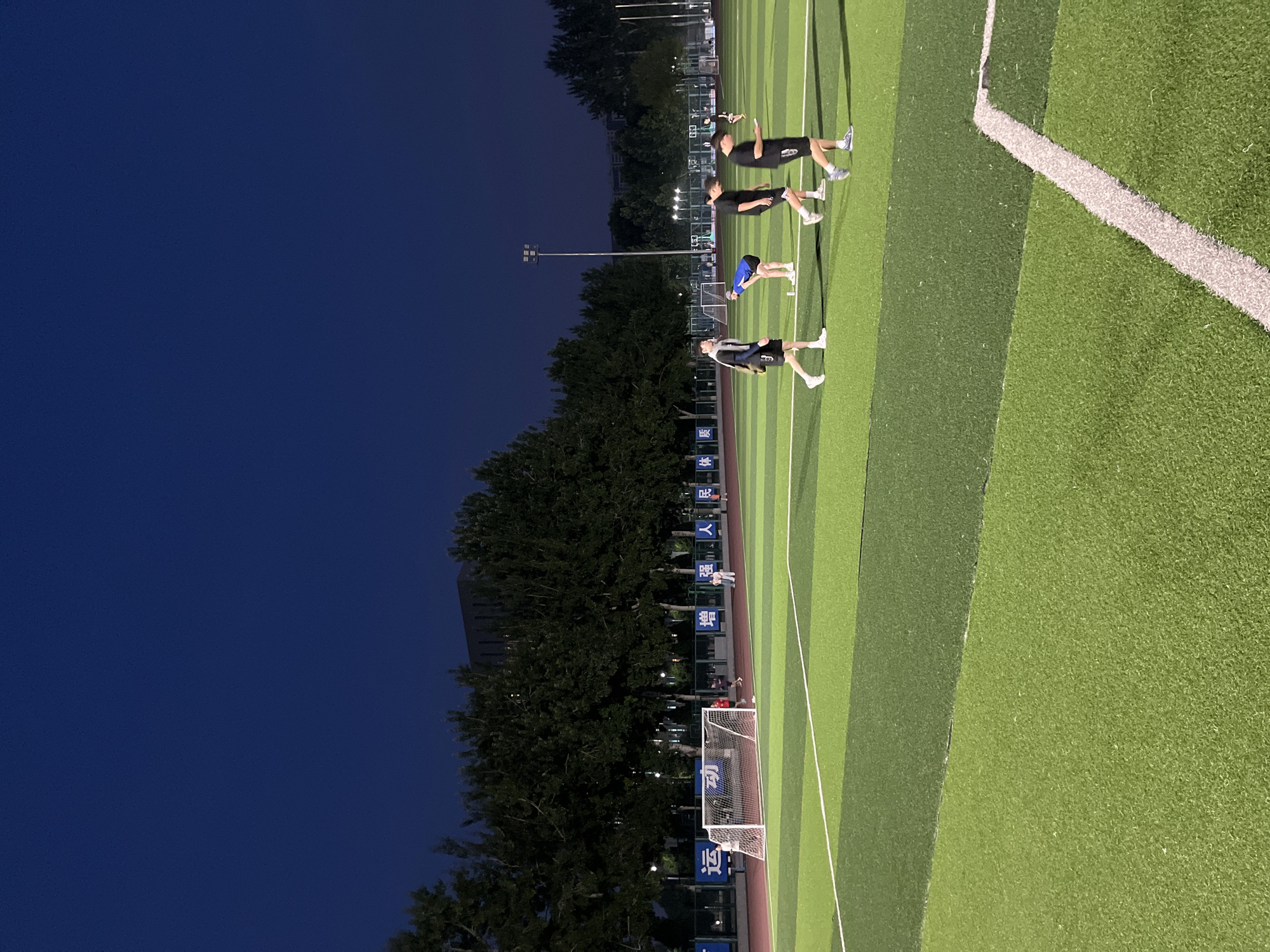The image shows a group of people on a soccer field at night. The field is made of artificial turf with green and dark green stripes, and white lines marking the boundaries. There are four individuals visible, appearing to be engaged in some form of training or exercise. One person, wearing a blue shirt and black shorts, is bent over. The other three are standing. Two of them are wearing black t-shirts and dark shorts, and the third is wearing a dark t-shirt and shorts. White soccer goals are visible in the background.
The scene is lit by artificial lights, suggesting it is after dark. The sky is a deep blue, indicating twilight or night. The background includes a line of trees and some buildings, one of which is tall and appears to be a residential building. There are also lights from lampposts on the field.
Several pieces of text are visible on blue banners along the side of the field. Though partially obscured and rotated, some characters are discernible. One banner has characters that might translate to "人", "尊", and "严". Another banner has characters that could include "爱", "国", and "家". The context of Daxing District, China, suggests this is likely a sports facility or park in that area. The overall mood is one of athletic activity taking place in a well-lit urban environment during the evening.