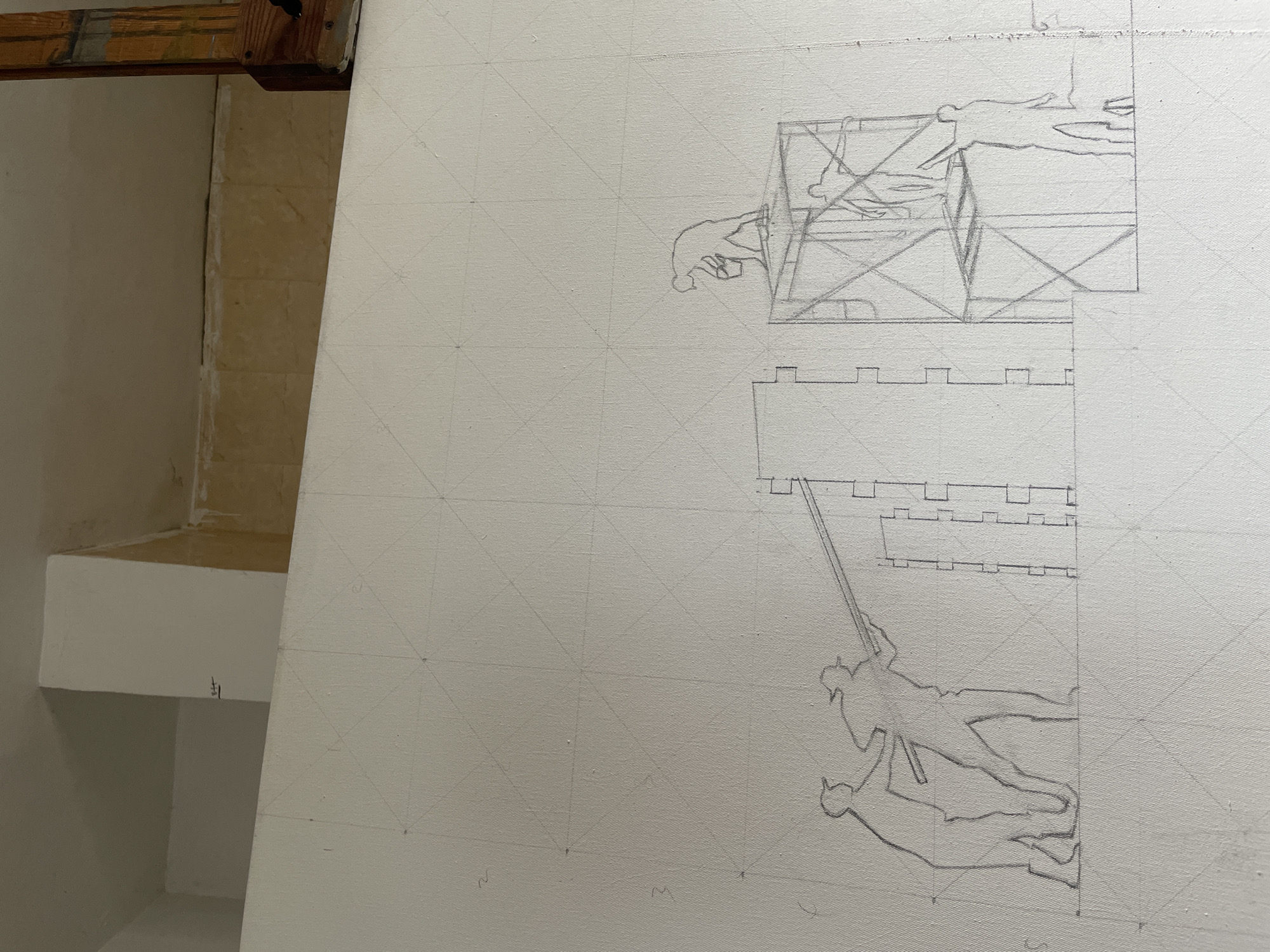 The image shows a partially completed pencil sketch on a gridded canvas, likely a preparatory stage for a painting. The sketch depicts a scene with human figures and architectural elements. At the top, there's a structure resembling a raised platform or cage, possibly part of a siege tower, with figures inside. Below it is a crenellated wall section. Further down, a figure is depicted holding a spear or lance, standing above another figure lying on the ground. The overall impression suggests a historical or battle scene. The location is labeled as Unknown, Unknown.