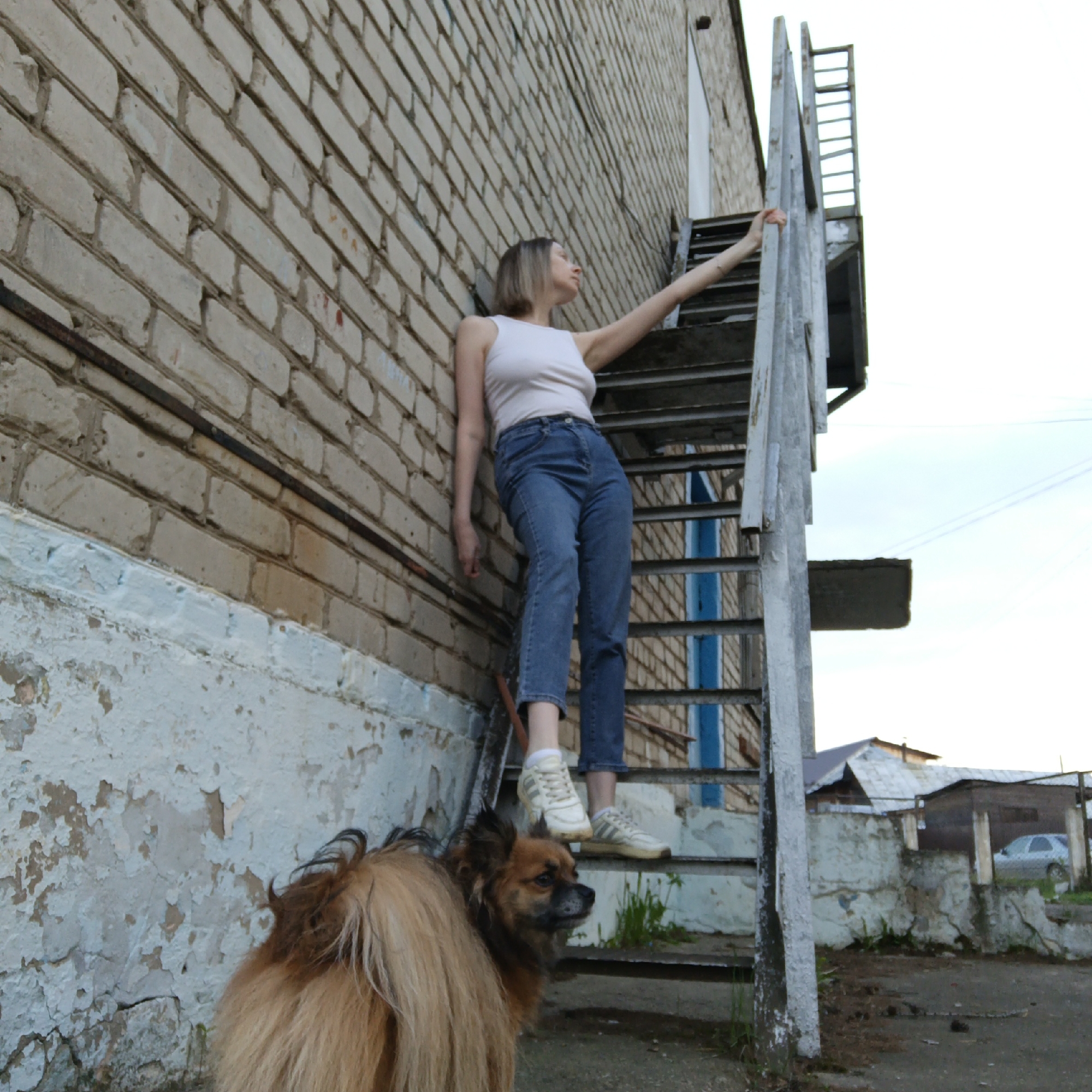 The image depicts a woman standing on a metal staircase attached to the side of a brick building in Chaikovsky, Russia. She is wearing a white tank top, blue jeans, and sneakers. Her left hand rests against the brick wall, while her right arm is extended upward. At the base of the stairs, a brown, medium-sized dog with long fur stands on a leash. The building is constructed of light-colored bricks and has a weathered appearance. A layer of cracked, peeling blue paint is visible at the bottom of the building near the dog. In the background, there are houses and a fence. A car is parked near one of the houses. The sky appears overcast.
