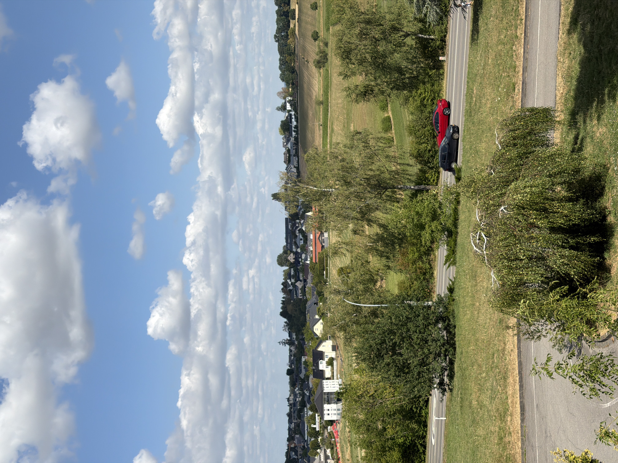 The image captures a landscape view on a sunny day in Leudelange, Luxembourg. In the foreground, a winding paved road is visible, with a dark gray car driving on it. Behind the road, a green lawn slopes upwards, dotted with trees and shrubbery. The middle ground features a field and more trees, with a suburban area of houses and buildings in the background. A red car is also visible on the road in the middle ground. The sky is blue with scattered white clouds.