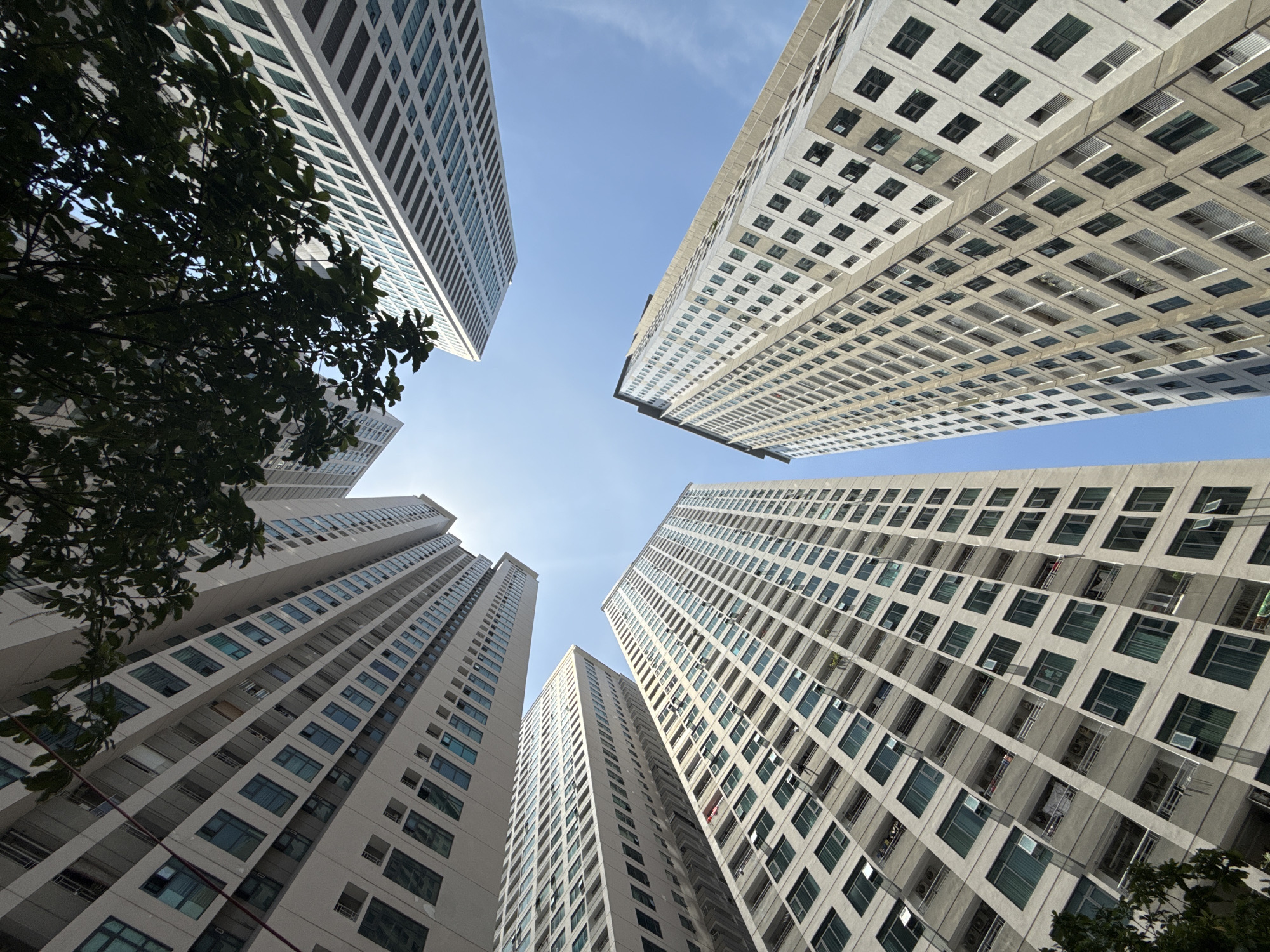 This low-angle, wide-shot photograph captures a cluster of modern, tall apartment buildings against a clear blue sky. The buildings are predominantly white or light gray, with numerous windows and balconies visible, suggesting a residential setting. Some windows are open, revealing balconies with air conditioning units and some greenery. The architecture is uniform, with repetitive patterns of windows and structural elements, indicating a contemporary urban development.
A large tree with dark green leaves occupies the left side of the frame, partially obscuring one of the buildings and adding a natural element to the otherwise man-made landscape. The sunlight suggests it is daytime, likely morning or afternoon, casting some shadows and highlighting the textures of the buildings. The perspective looking upwards emphasizes the height and scale of the structures, creating a sense of awe or grandeur.
There is no discernible activity or event taking place, as the image focuses on the architecture and the overall scene. No people are visible, and the buildings appear to be unoccupied or are viewed from a distance where individual occupants are not apparent. The location context of Bac Nha Trang Ward, Vietnam, implies an urban environment in a coastal city, though no specific landmarks are identifiable. The overall mood is one of urban development and modern living, with the presence of the tree offering a slight contrast. No text is visible in the image.