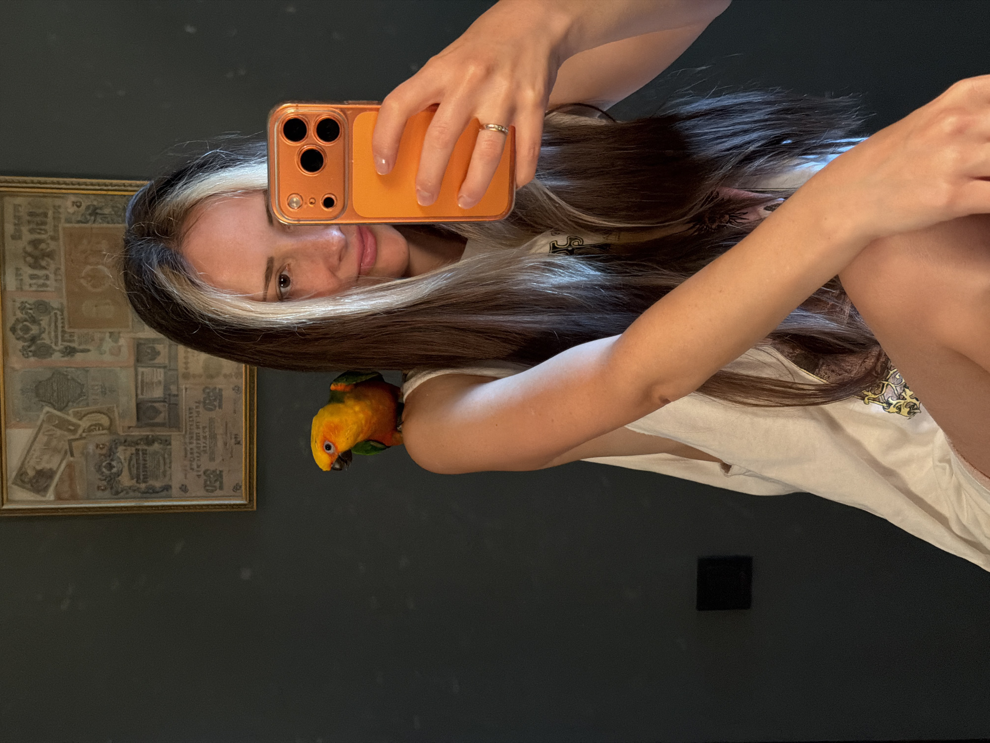 A young woman is taking a selfie in a room with dark gray walls. The woman has long brown hair with a prominent white streak in the front. She is holding an orange smartphone to take the picture. A colorful orange and green parrot is perched on her shoulder. Behind the woman, on the wall, is a framed piece of art that appears to be composed of old banknotes. A dark square object is visible on the wall lower right. The location is the city of Khimki, Russia.