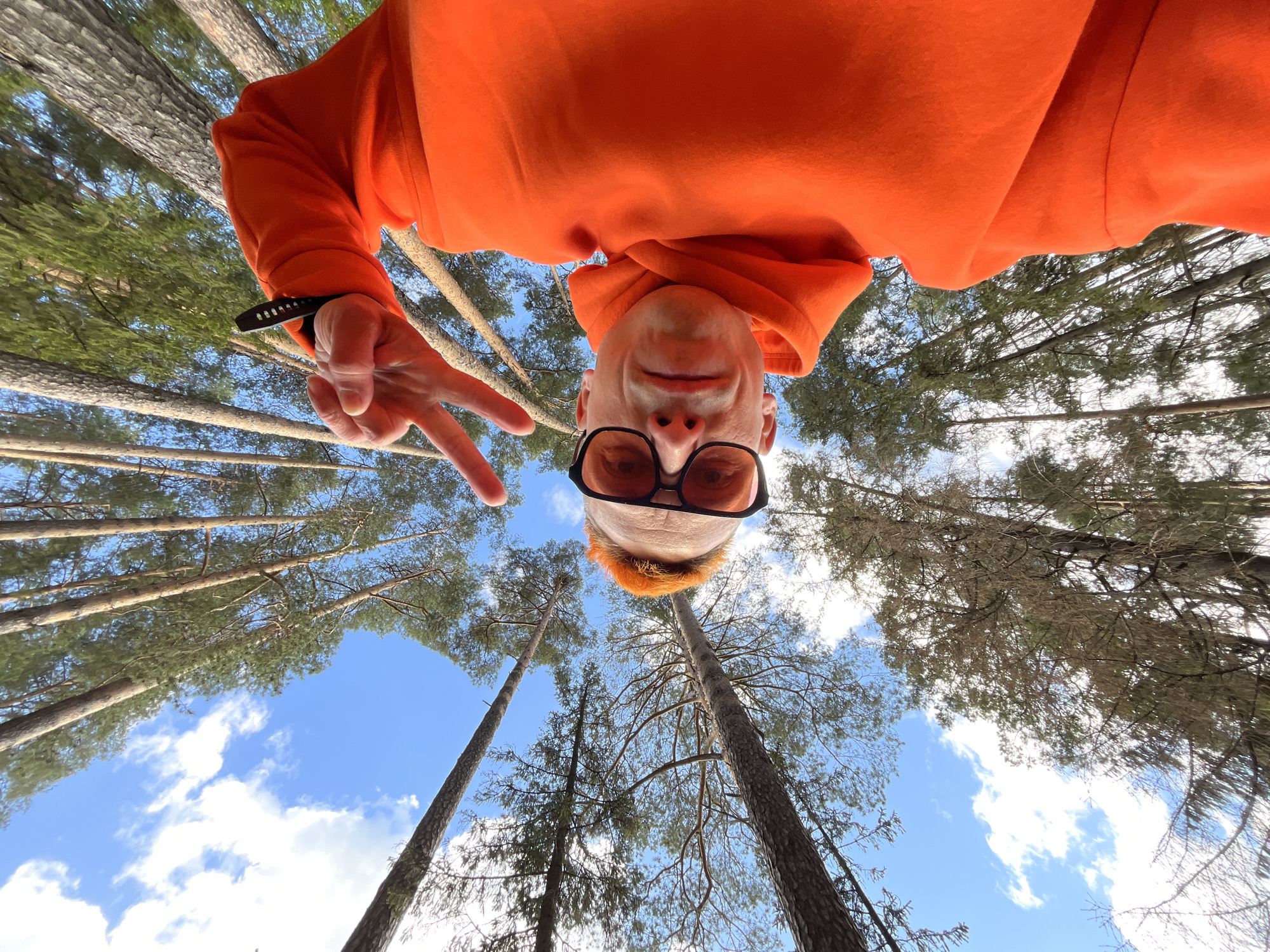 A low-angle selfie was taken in a pine forest in Chaikovsky, Russia. The subject is a man wearing an orange hooded sweatshirt and black-framed glasses. He is upside-down in the frame and making a peace sign with his left hand. The background shows tall pine trees reaching toward a blue sky with scattered white clouds.