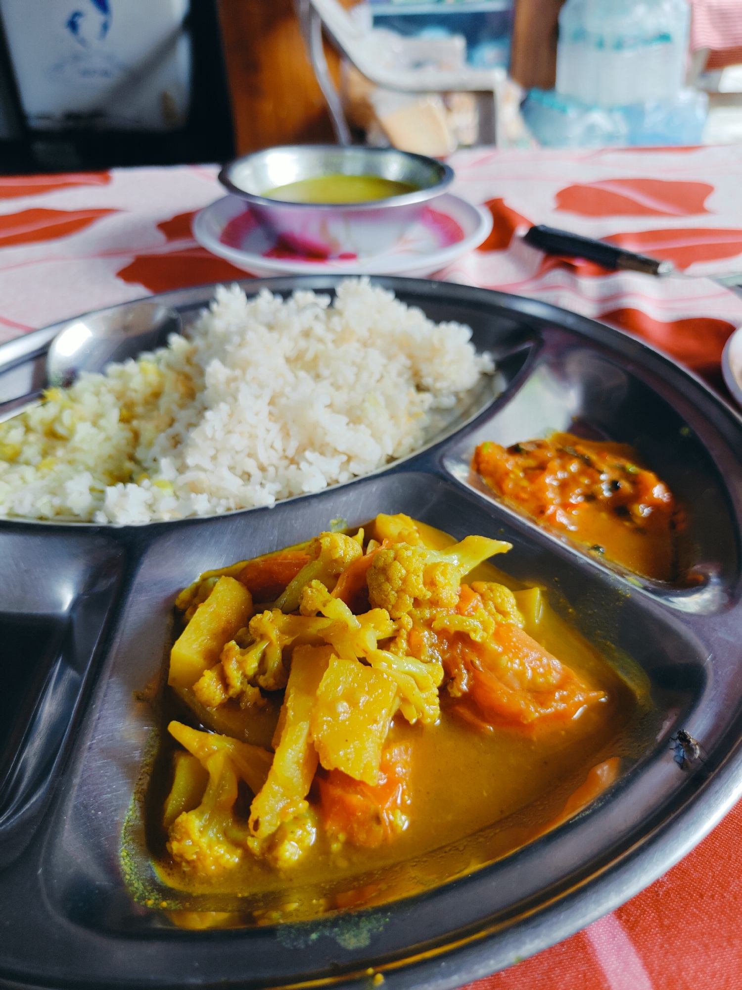 A close-up, high-angle shot shows a thali meal served on a stainless steel plate with three compartments. The largest compartment contains a generous portion of fluffy white rice. To its left, a smaller compartment holds a yellow lentil dish, appearing somewhat dry. The third, smaller compartment to the right contains a vibrant orange chutney, possibly made with passion fruit or a similar ingredient, with visible seeds. The main compartment of the thali, located in the foreground, is filled with a vegetable curry featuring cauliflower florets, potato pieces, and carrots in a rich, golden-yellow curry sauce. A small metal bowl containing a light green soup is visible in the background, placed on a white and red patterned tablecloth. The scene appears to be set in a casual dining environment in Pokhara, Nepal, possibly at a local eatery or a guesthouse. In the background, a bottle of water and other blurred objects are discernible, suggesting an indoor setting. A fly is visible on the rim of the metal plate, to the right of the vegetable curry.