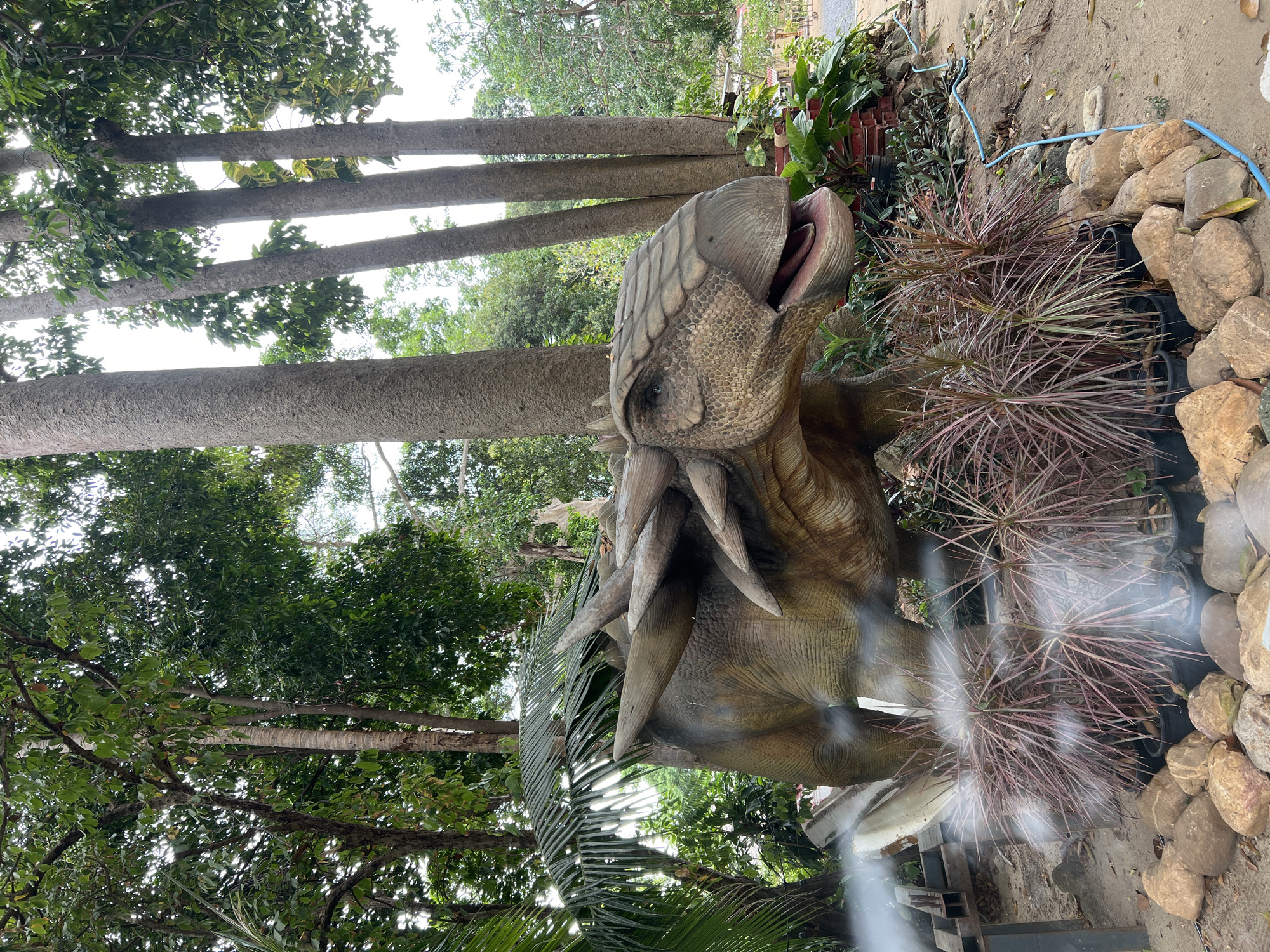 The image depicts a dinosaur model in Baan Lamai, Thailand. The model is partially obscured by foreground plants. Behind the model, trees are visible. The model appears to be near a rocky area with some garden plants.