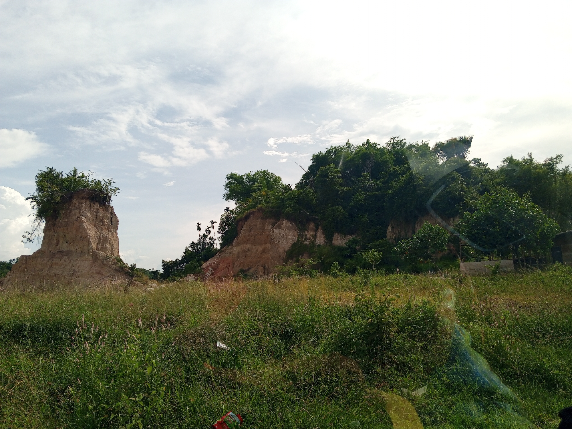 The image captures an outdoor landscape in Seuneubok, Indonesia, featuring natural geological formations and dense vegetation under a cloudy sky. The foreground consists of an expanse of mixed green and yellowish-green grasses and weeds, with scattered plants exhibiting light-colored, feathery inflorescences. Within this grassy area, a red plastic bottle is partially visible in the lower left, and a piece of white debris lies further back.
In the left mid-ground, a distinct, tall, light brown earth pillar or weathered cliff stands, crowned with a concentrated mass of green foliage. To the right, a larger, sloping hillside or cliff face, also composed of light brown earth, is largely covered by dense green trees and vegetation extending upwards from its base. Several slender palm trees are discernible against the sky on the upper left slope of this larger geological feature. The far right background reveals a partial view of a building-like structure and a fence, partially obscured by trees.
The upper portion of the image displays a sky filled with scattered white and light gray clouds, indicating overcast or partly cloudy conditions during daylight hours. A pronounced blue-green streak and other reflections are present in the lower right, consistent with a photograph taken through a window.