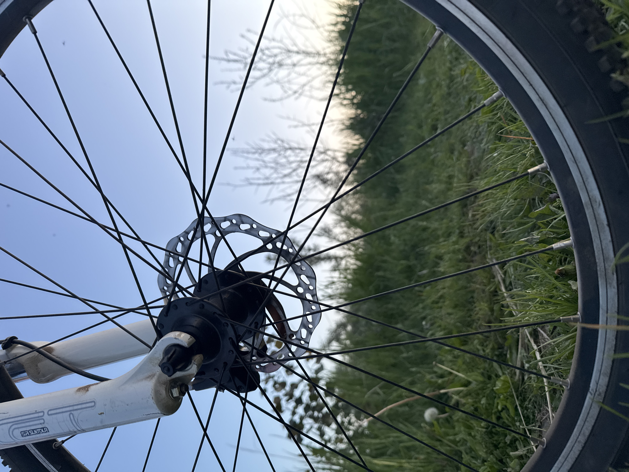 The image shows a close-up of a bicycle wheel. The wheel has black spokes and a black tire. A silver disc brake rotor is attached to the hub. The background includes green grass and a blue sky with indistinct trees visible in the distance. Part of the white suspension fork of the bike is also visible. The location and city of Chaikovsky, Russia are not discernible from the image.