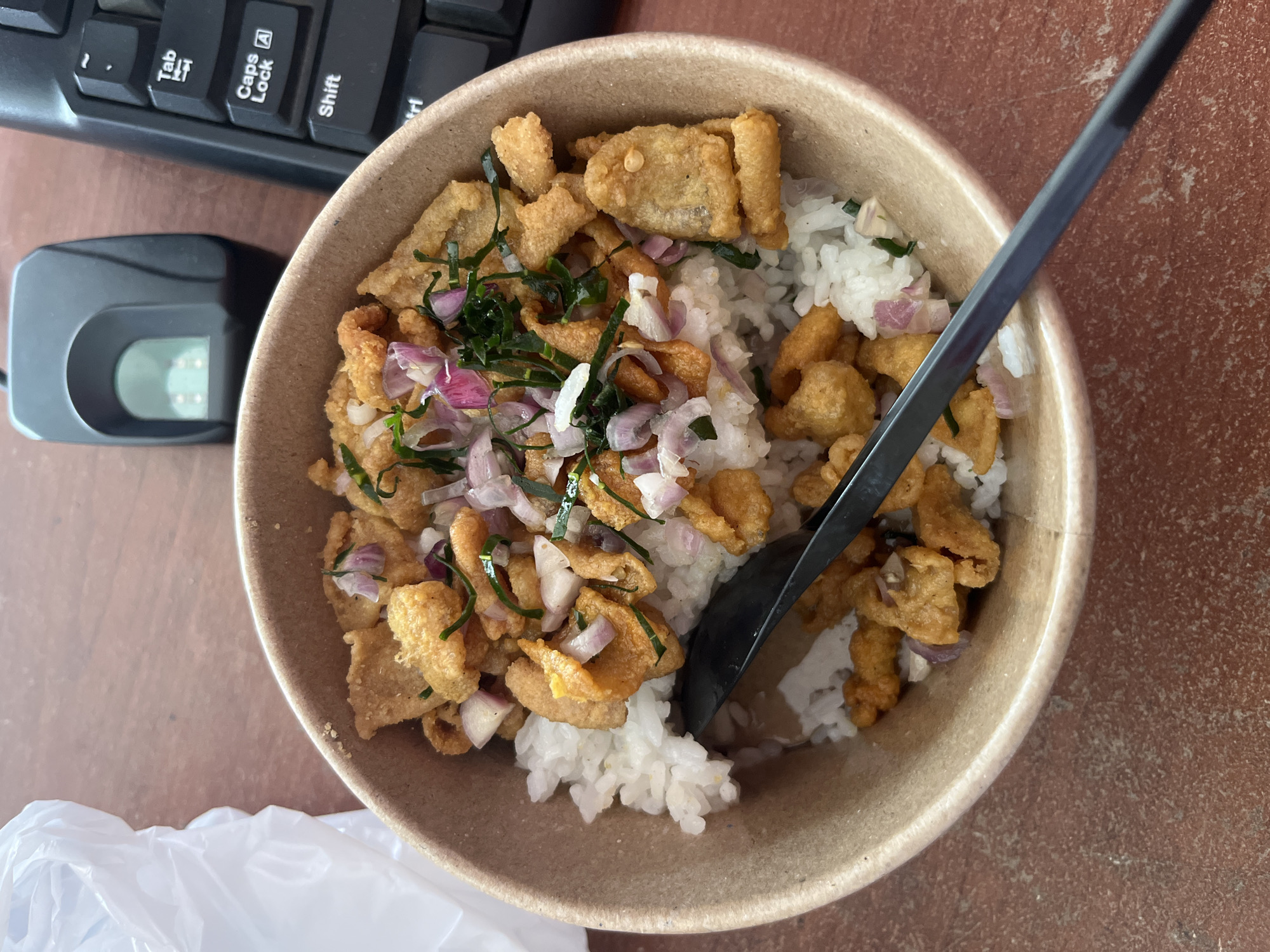 A close-up, overhead shot shows a bowl of rice topped with fried chicken pieces and thinly sliced red onions, garnished with chopped green herbs. A black plastic spoon is resting diagonally across the bowl, partially submerged in the rice. The bowl sits on a reddish-brown, textured surface, possibly a wooden table. In the background, out of focus, a white plastic bag is visible on the left, and on the right, a black fingerprint scanner and part of a computer keyboard are present. The overall impression is of a casual meal setting, possibly during work or study, with the food being the primary subject. The scene is likely indoors, in Boja, Indonesia, given the context.