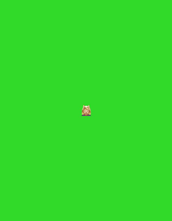 A blond-haired emoji with closed eyes and a pink blush on its cheeks is depicted against a bright green background. The emoji is positioned in the center of the frame, and it is the only subject present in the image. There is no discernible environment or context, and no information can be derived about its location in Moscow, Russia, or any other specific place.