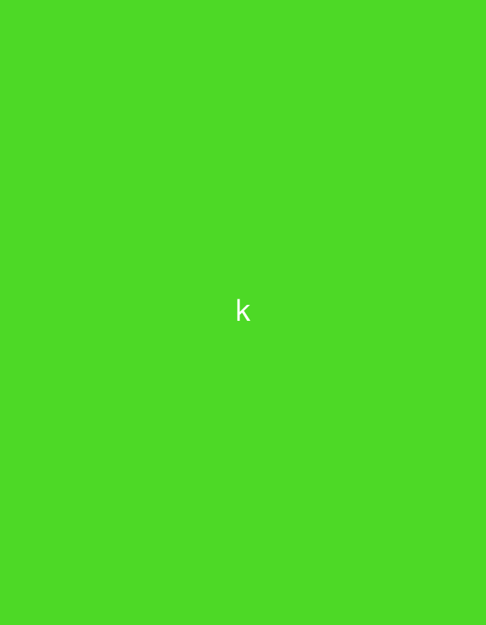 The media file presents a simple graphic featuring a single white lowercase letter "k" against a plain, solid lime green background. In the primary image, the letter "k" is positioned centrally. However, additional provided crops show the letter "k" in various corners of the green background (bottom right, bottom left, top right, top left). This suggests a dynamic presentation, possibly indicating that the letter "k" is moving or positioned differently across the uniform green canvas in a sequence of frames, such as an animation. The letter "k" is rendered in a clean, sans-serif font. There are no other subjects, objects, or activities depicted beyond the letter itself and its implied movement. No specific location cues, time of day, weather, or emotions are conveyed, as the image is an abstract graphic. The only visible text is the lowercase letter "k".