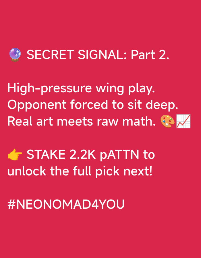 The image is a screenshot of a social media post with a pink background. The text on the image reads: "SECRET SIGNAL: Part 2.", "High-pressure wing play. Opponent forced to sit deep. Real art meets raw math.", and "STAKE 2.2K pATTN to unlock the full pick next!". It also includes the hashtag "#NEONOMAD4YOU". There are emojis of a crystal ball, a palette with paint, and a chart with a rising line. The image does not contain any information about the city of Nhơn Hòa, Vietnam.