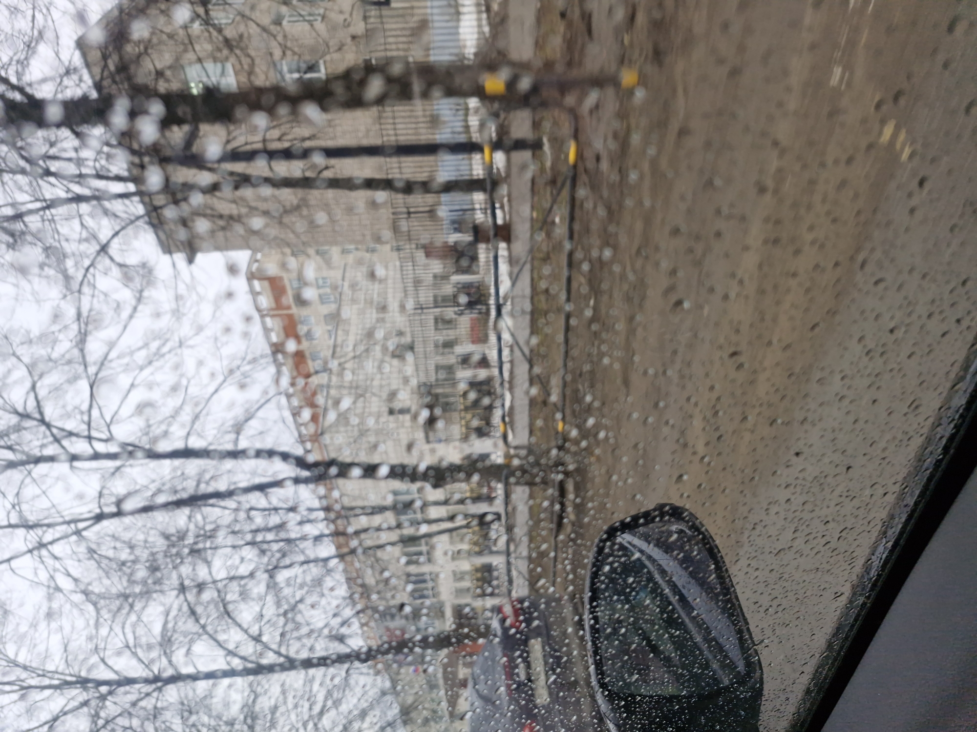 The image shows a view from inside a car on a rainy day in what appears to be a residential area. Raindrops cover the windshield. Outside, a row of bare trees lines the street. Across the street, several multi-story buildings are visible. A car with red taillights is parked on the side of the road. The side mirror of the car the image is taken from is in the foreground. It is not possible to determine the exact location in Chaikovsky, Russia from the given image.