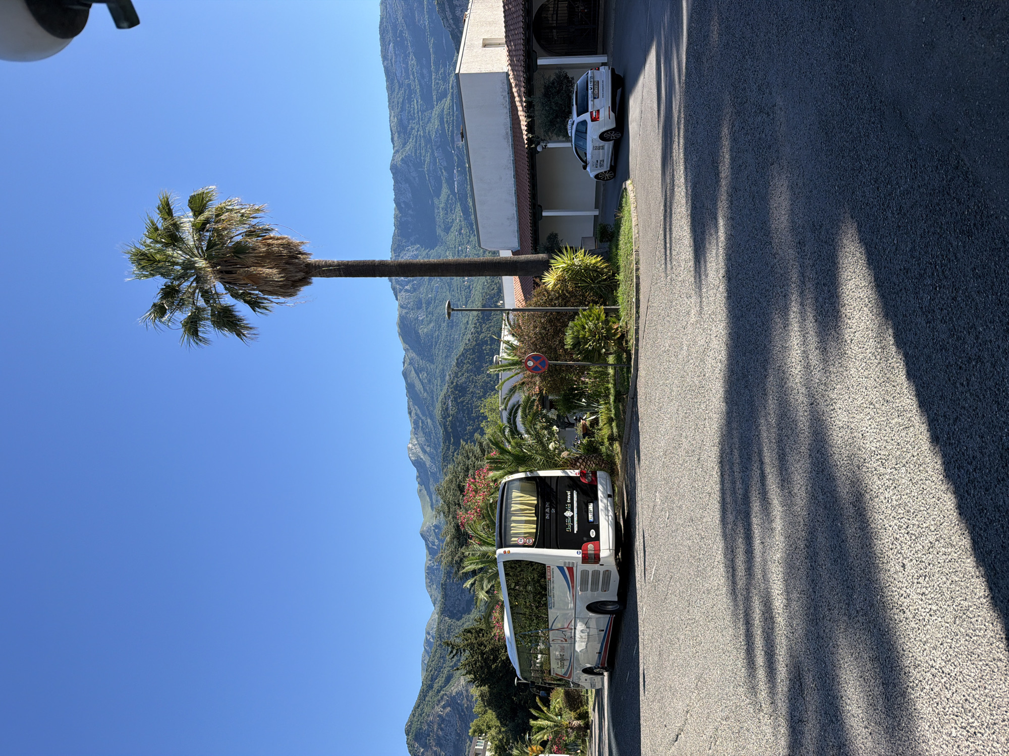 In Budva, Montenegro, a white tour bus is parked on an asphalt lot. The bus is white with blue and red stripes along the side, and the text "Jelena Grand Travel" is visible on the back. Beside the bus, a white Skoda Octavia taxi is parked, with a yellow taxi sign on its roof and the license plate "BD-TX 052". In the background, a tall palm tree stands in front of a building with a red-tiled roof. Mountains covered in lush green vegetation rise behind the building, under a clear blue sky. The scene is illuminated by bright sunlight, casting distinct shadows on the asphalt from the palm tree and other foliage. A traffic sign with a red circle and a diagonal bar is also visible.