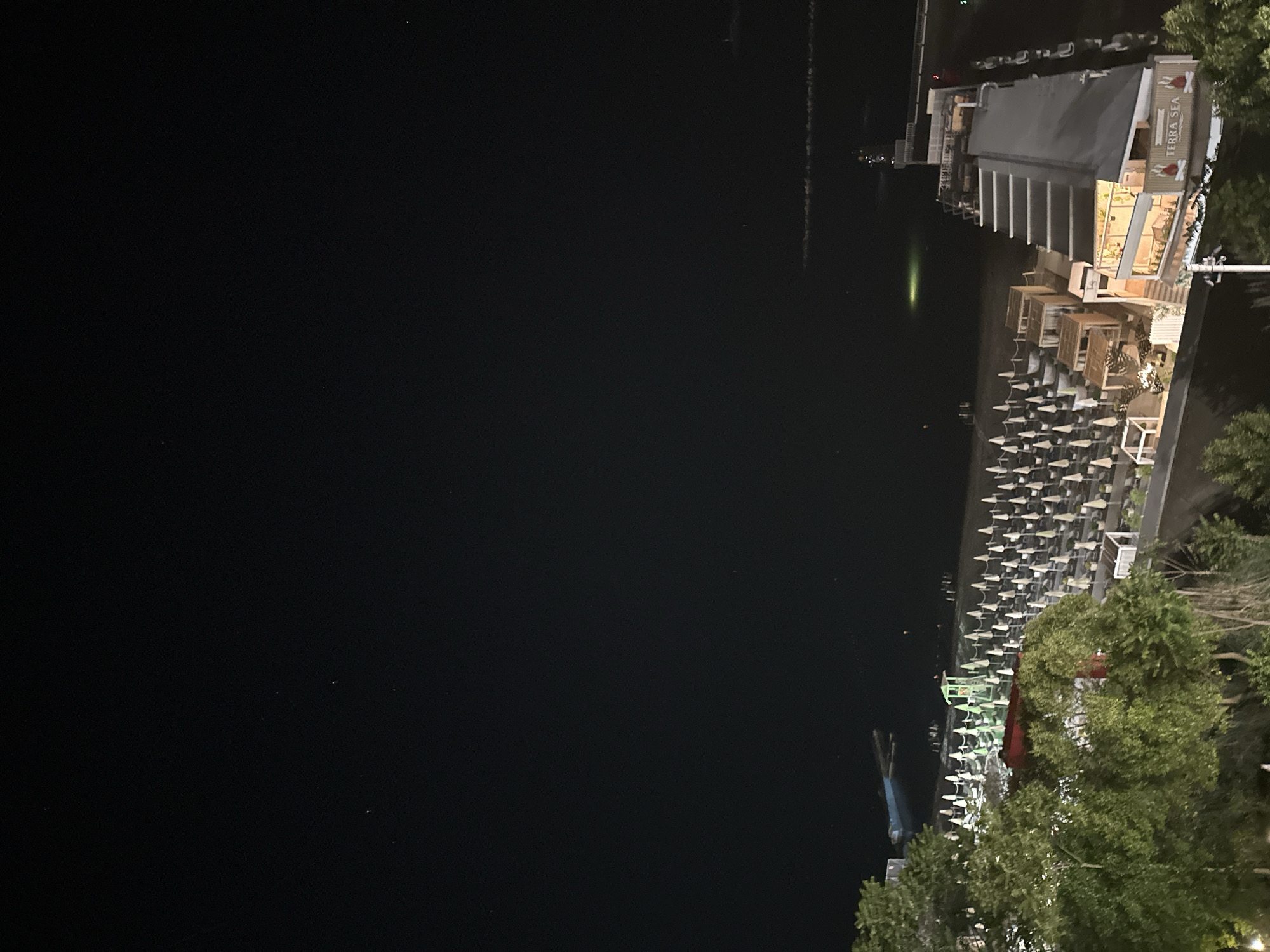 The image captures a night view of a beach resort area in Sochi, Russia. The foreground is dominated by lush green trees, obscuring the lower part of the scene. Beyond the trees, a beach is laid out with rows of white lounge chairs and umbrellas, many of which are illuminated by ambient lighting. A lifeguard tower, painted in green and white, stands prominently on the sand.
Further towards the sea, a long pier extends into the dark water. Along the shoreline, there are buildings and structures, including a multi-story establishment with illuminated windows and a sign that reads "TERRA SEA." The sea itself appears calm, with the gentle glow of lights reflecting on its surface. A few small boats are visible in the water. The sky is dark and clear, with a few faint stars visible, indicating a nighttime setting. The overall scene suggests a lively, yet serene, coastal resort atmosphere after sunset.