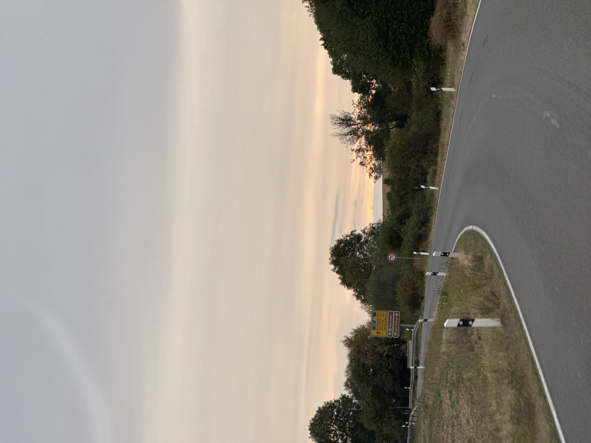 This image depicts a winding asphalt road curving through a rural landscape, likely in the vicinity of Hohenstein, Germany. The sky is overcast with soft, muted tones of grey and pale orange, suggesting either dawn or dusk. The road is bordered by grassy verges and lined with black and white striped markers, typical for indicating road edges and potential hazards in European countries.
On the left side of the road, a yellow directional signpost is visible, bearing German text and symbols. It points towards "Nordhausen 18 km," "Bad Sachsa 8 km," "Groningen 6 km," and "Dörrberndorf 3 km." Below these, another sign indicates "Schloss Hohen-Solms" with an arrow pointing to the right, and further down, a sign for "Kloster Walkenried" also points to the right. A circular red sign with the number "70" inside, likely a speed limit sign, is also present on the right side of the road.
Dense green trees and shrubs form a natural backdrop to the scene. Some trees on the left appear to be deciduous, possibly showing early signs of autumn foliage, while the trees on the right are densely packed and verdant. The overall atmosphere is serene and tranquil, indicative of a quiet countryside road. No people or vehicles are visible in the frame.