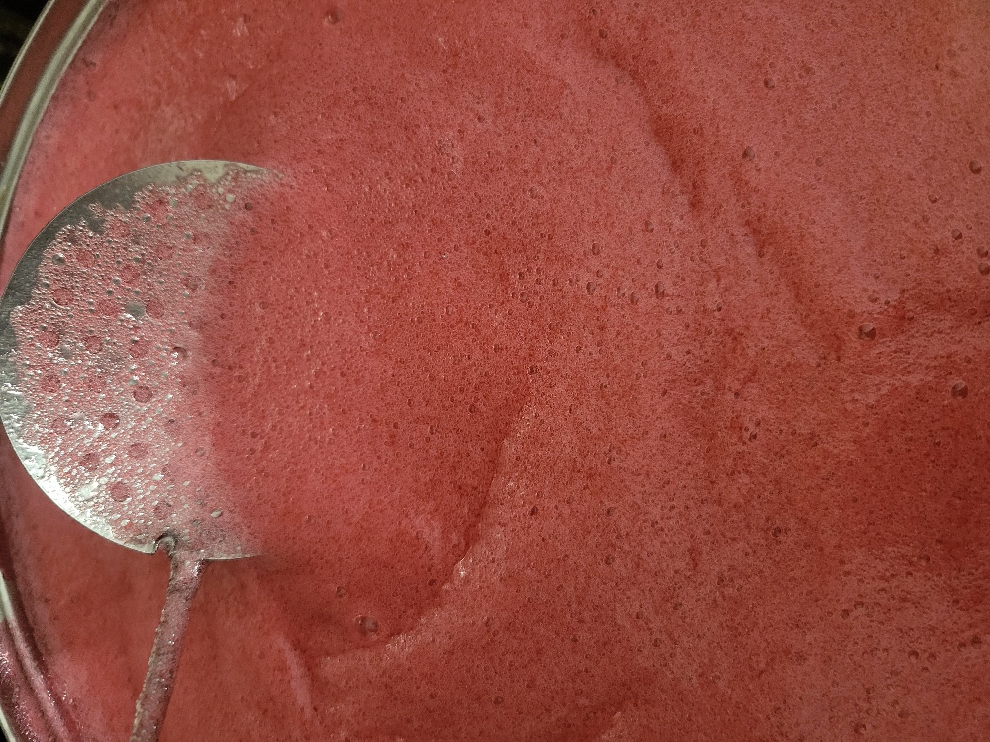 The image shows a close-up, overhead view of a pot containing a frothy, pinkish-red liquid, likely a jam or preserve being cooked. A metal ladle with small holes is partially submerged in the liquid, its handle extending out of frame to the left. The surface of the liquid is covered in small bubbles, and the ladle itself is also dotted with bubbles. The overall texture is foamy and viscous. There is no visible indication of the location being in Хажоўскі сельскі Савет, Belarus. The scene is a domestic or culinary setting focused entirely on the cooking process.