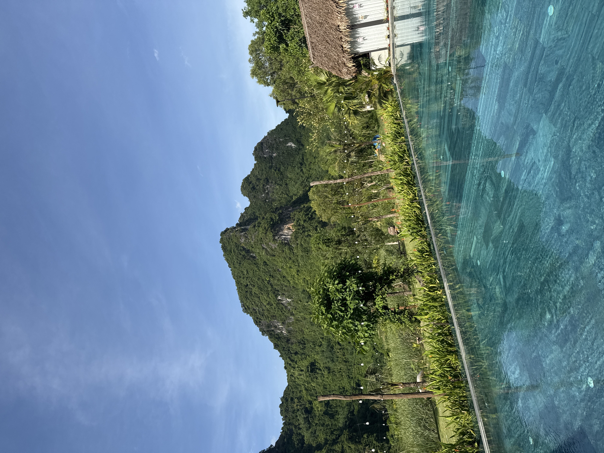 In the city of Nam Hoa Lư Ward, Vietnam, a resort landscape is depicted with an infinity pool in the foreground. The pool's turquoise water reflects the surrounding environment, including lush green vegetation and a mountainous backdrop. To the right, a small structure with a thatched roof and white walls is partially visible. In the distance, a prominent green mountain dominates the skyline under a clear blue sky with scattered white clouds. The area features trees, tall grasses, and decorative lights strung along wooden posts, suggesting a tranquil, outdoor setting. There are no people visible in the image.