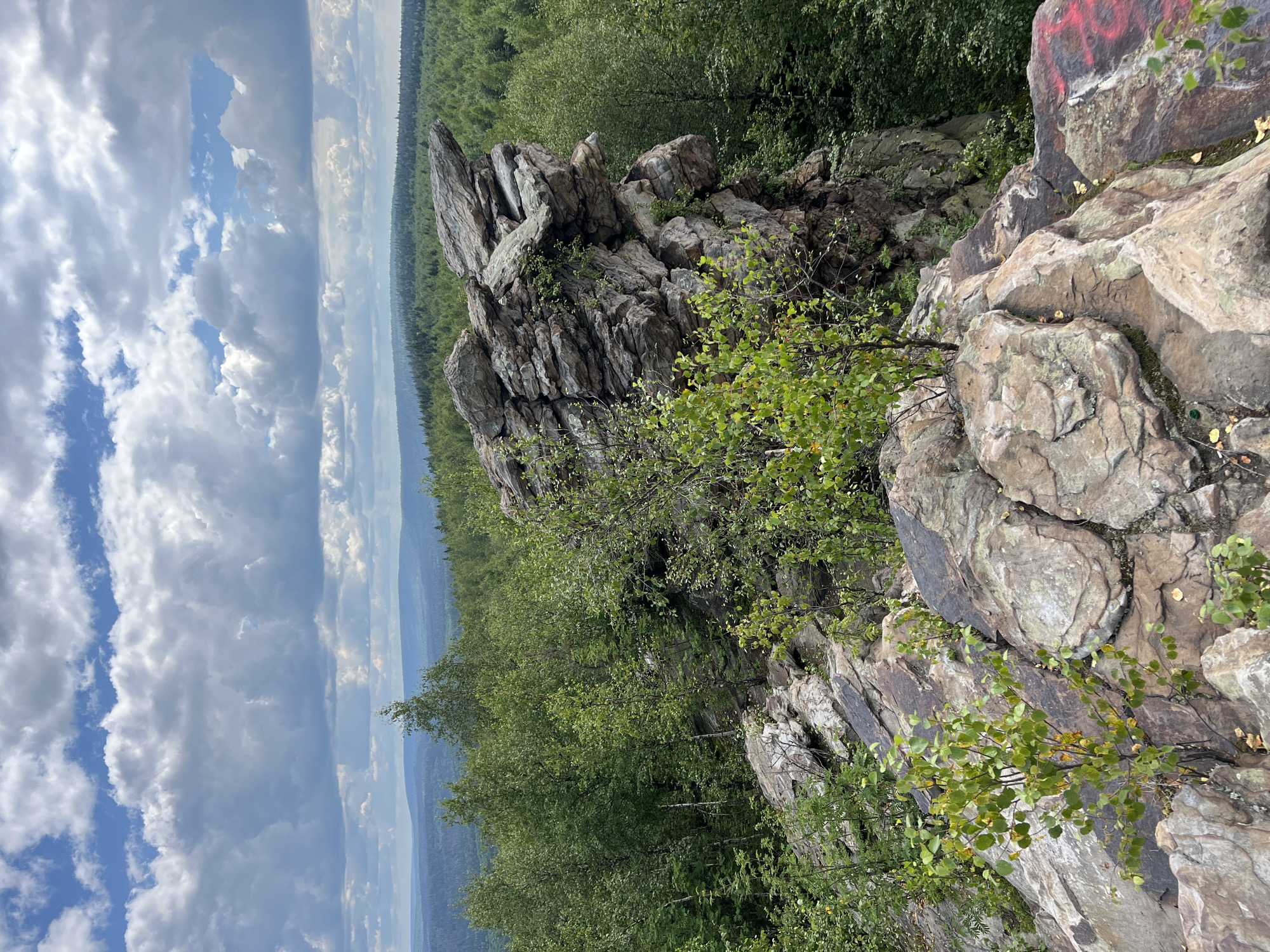 A view from a rocky outcrop overlooks a vast, undulating forest under a cloudy sky. The foreground consists of large, weathered rocks with a sparse scattering of young trees and vegetation growing between them. Some of the rocks have graffiti, including red markings. The middle ground is dominated by a prominent, jagged rock formation resembling a natural sculpture, also covered in greenery. Beyond this, a dense, green forest stretches as far as the eye can see, meeting a hazy horizon. The sky is filled with dramatic, large cumulus clouds against patches of blue. The scene is located in the vicinity of Gubakha, Russia, likely at a viewpoint within the Ural Mountains, possibly near the Kladovishche or Konovalovsky Rocks, known for their unique geological formations and forested surroundings.