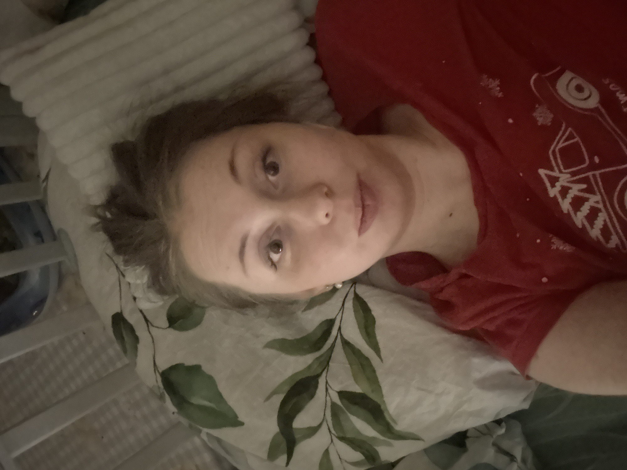 A person with light skin and brown hair is lying on a pillow with a green leaf pattern. The person is wearing a red shirt with a white car and snowflake design. The pillow is on what appears to be a bed with white striped pillows at the head. The location appears to be indoors in Unknown, Unknown.