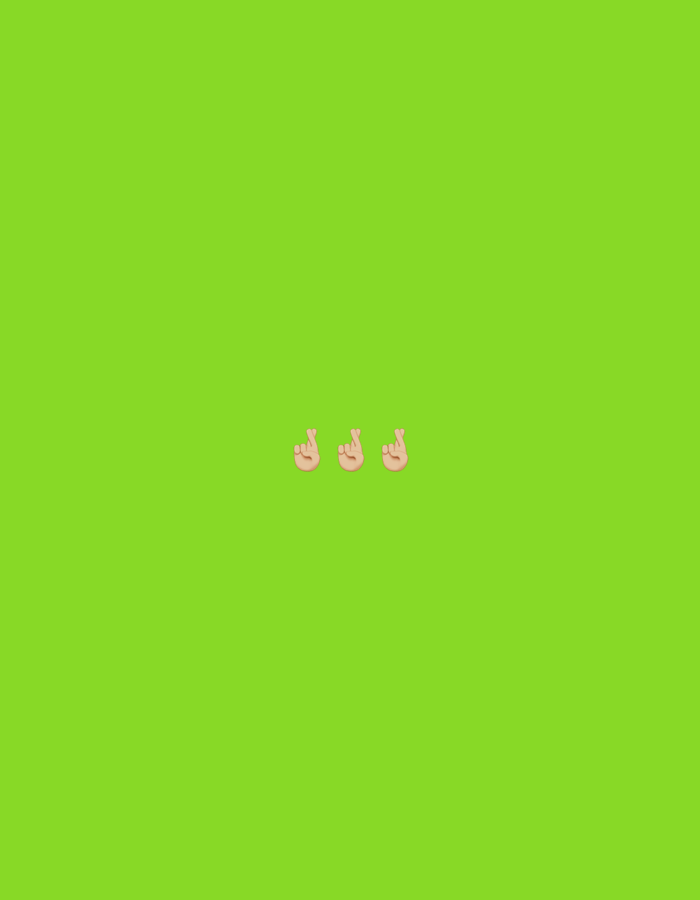 Three "crossed fingers" emojis are centrally located on a bright lime green background. The emojis are positioned horizontally, with small gaps between them. The image is a flat graphic design with no discernible background elements or context suggesting a specific location.