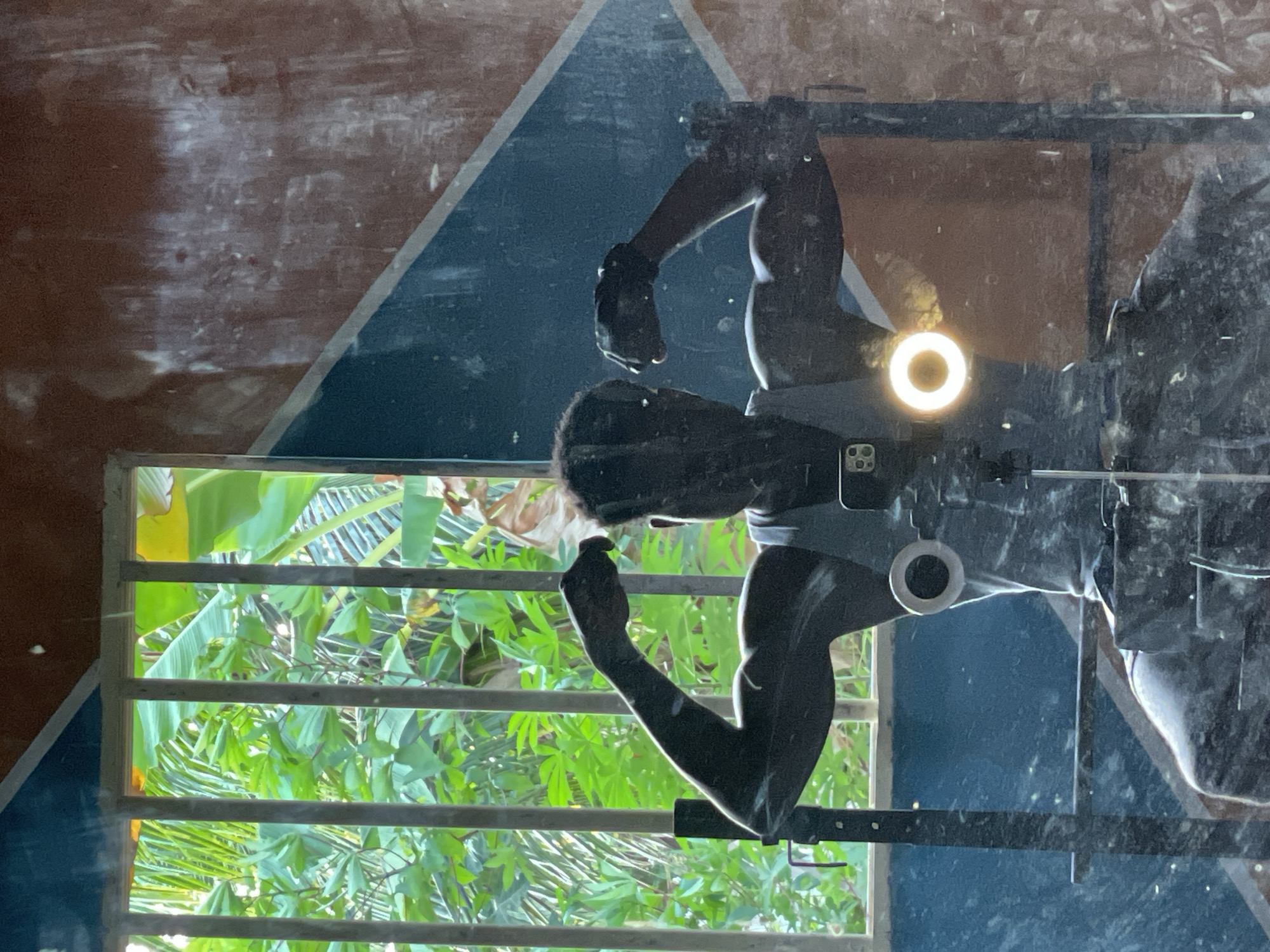 The image shows a reflection of a person in a window, performing pull-ups on a bar. The person is wearing a tank top and gloves. The reflection is distorted by dirt and grime on the glass. Outside the window, lush greenery is visible. The interior wall is painted with a dark blue triangle over light brown paint. A ring light and the camera's reflection are also visible. While the location of the city of Badagry, Nigeria, is specified, there are no elements in the image that definitively establish its location in that particular city.