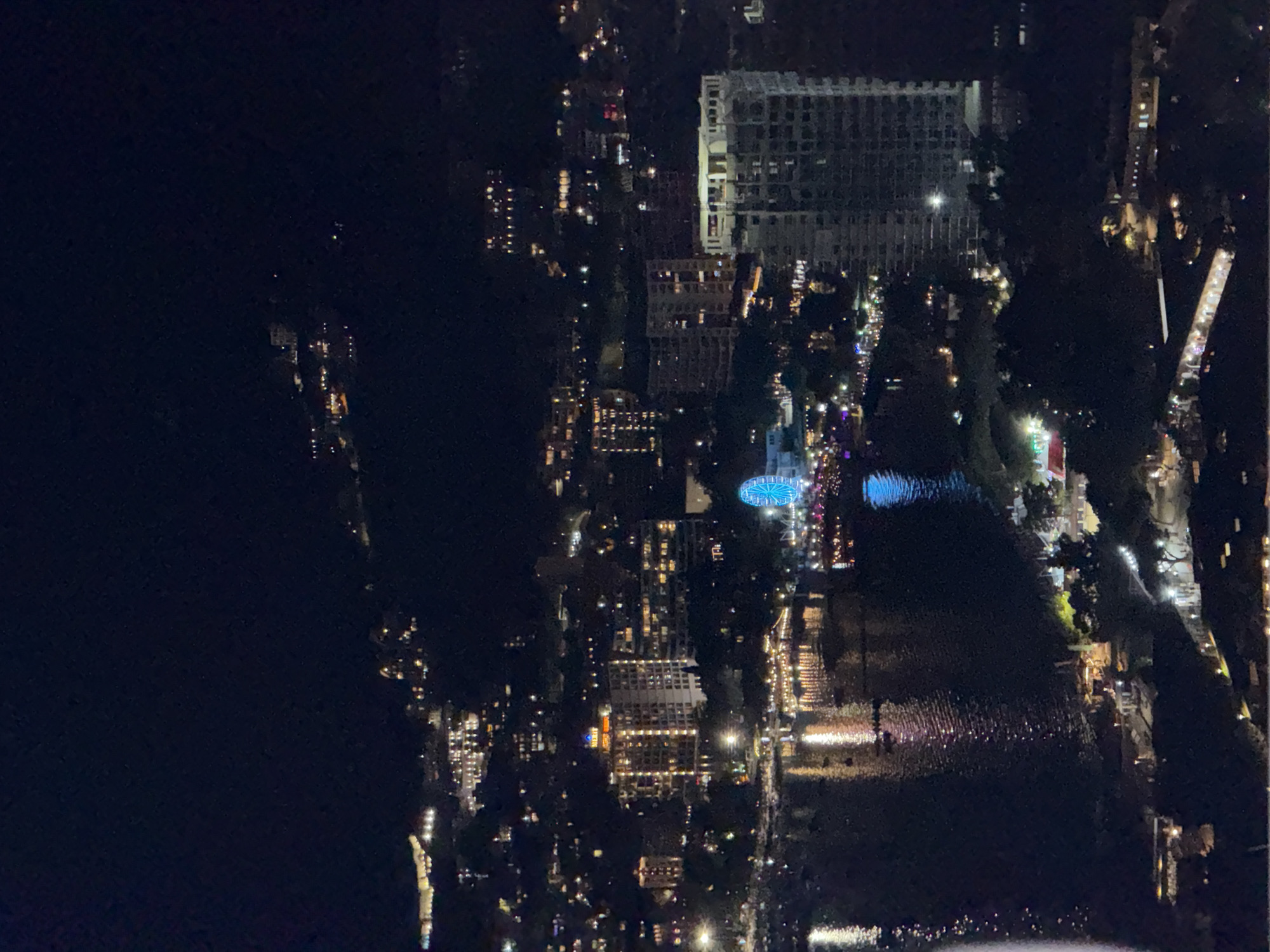This is a nighttime aerial view of a city scene. The image features a large body of water reflecting the lights of the city, which is illuminated with numerous buildings and streetlights. On the left side of the image, there is a dark, unlit area that might be a forested or undeveloped region. In the central and right portions of the image, various structures are visible, including what appears to be a Ferris wheel with blue lights and several multi-story buildings with illuminated windows. The reflections on the water suggest a calm or gently rippling surface. The scene is characteristic of an urban environment at night, likely a waterfront area with recreational attractions. There is no visible text in the image.