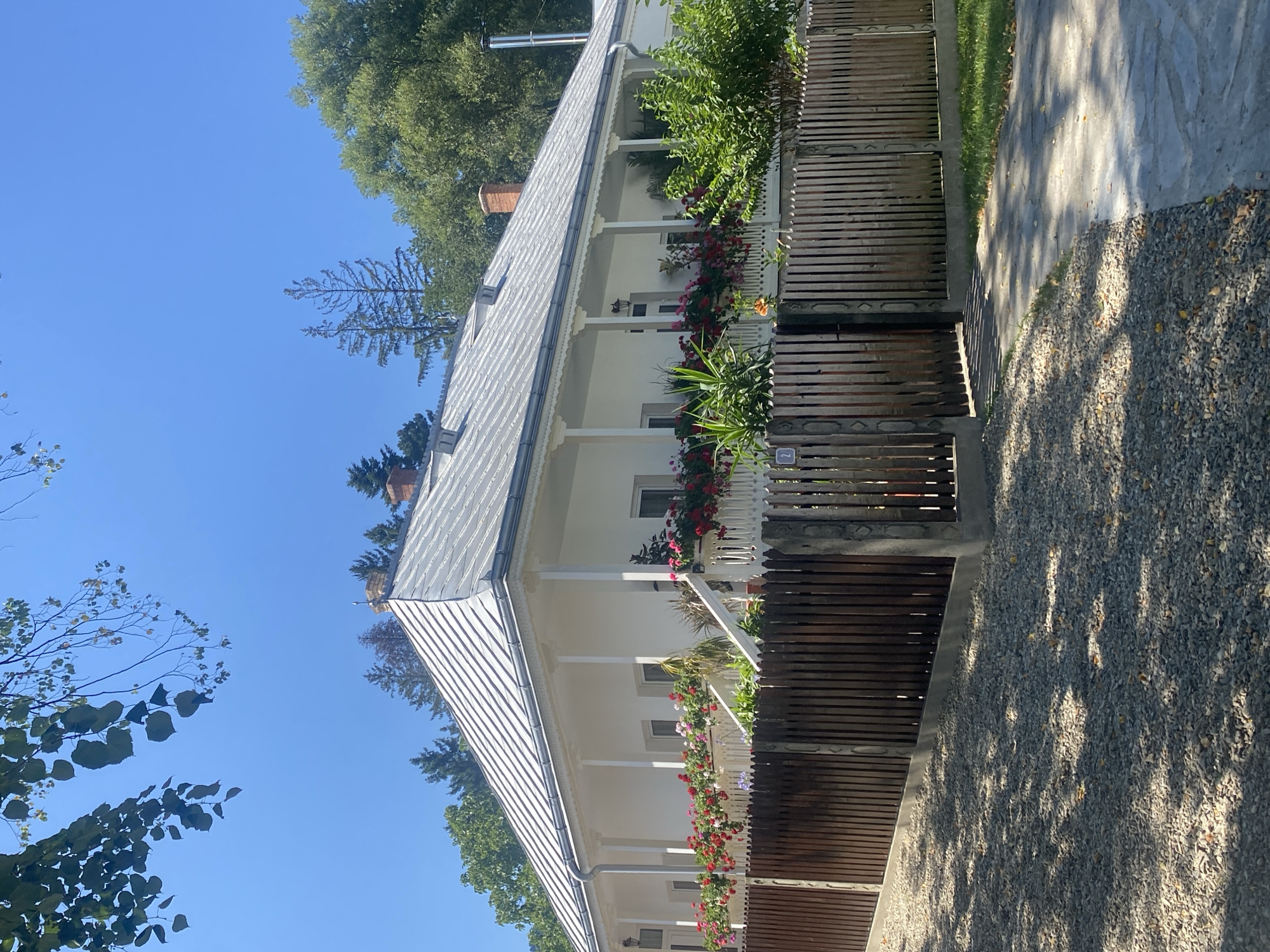 The image depicts a white, single-story house with a wide, covered porch supported by white columns. The porch is decorated with flower boxes filled with red and pink flowers. A wooden fence runs along the front of the property, with a gate visible. A gravel path leads to the gate, and to the right of the path is a paved walkway. The house has a metal roof and two chimneys. Trees and foliage are visible behind the house and along the fence line. The sky is clear and blue. The scene is located in the city of Filioara, Romania. There are no people or animals visible in the image.