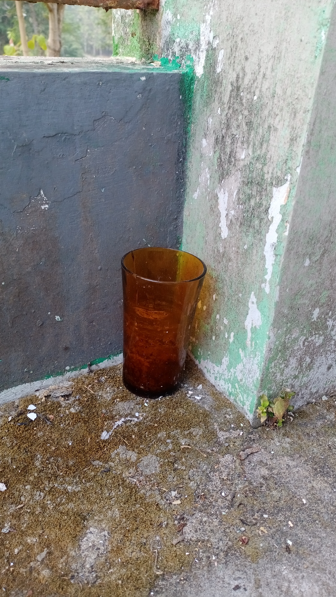 An amber glass tumbler, with a slightly irregular shape, sits on a rough, sandy, and somewhat mossy surface. The tumbler is positioned in the corner formed by two concrete walls. The wall on the left is painted a dark gray, showing signs of wear and chipping. The wall on the right is a pale green, also weathered and stained, with patches of white and gray showing through. A small cluster of green plants grows at the base of the green wall in the corner. The ground is covered with sand, small debris, and some white fragments, possibly broken shells or plaster. In the background, through a rusty metal structure, trees and foliage are visible, suggesting an outdoor environment. The overall scene is one of neglect and decay.