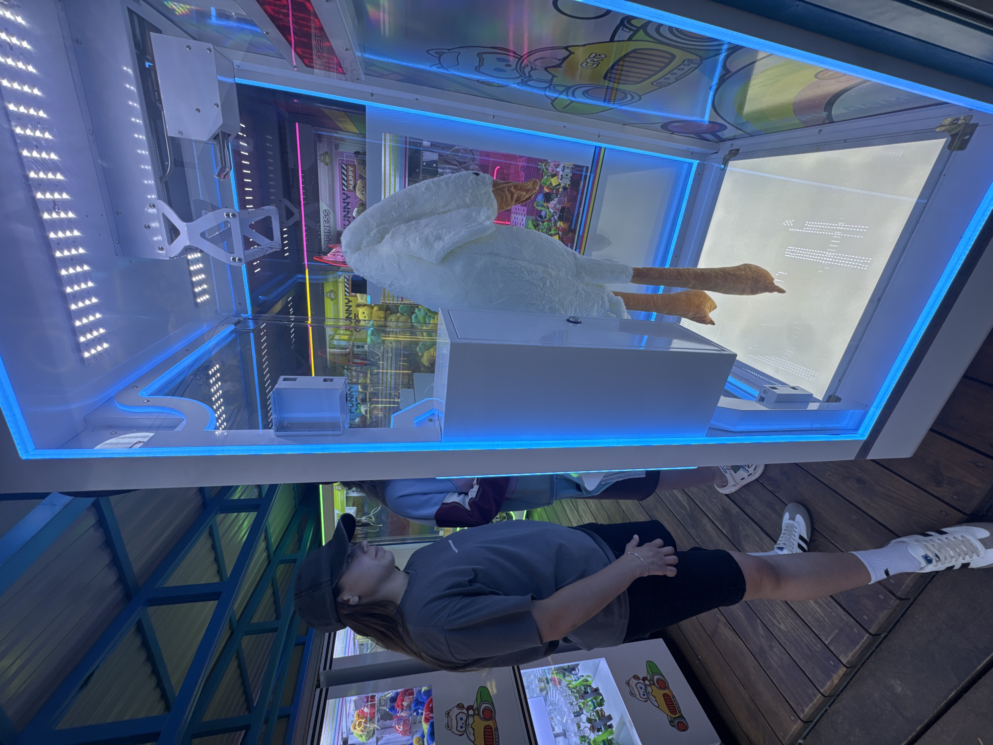 In Chaikovsky, Russia, two individuals are observed near a claw machine arcade game. The machine features a large, plush white goose with orange legs suspended inside. The game is illuminated with bright blue and pink neon lights, creating a vibrant atmosphere. The individuals are standing on a wooden deck. The person in the foreground is wearing a dark grey t-shirt, black shorts, a dark baseball cap, white socks, and athletic shoes. The second person, partially visible behind the first, is wearing a light blue and maroon long-sleeved shirt and dark shorts. Other claw machines are visible in the background, stocked with various plush toys, indicating a typical arcade setting.